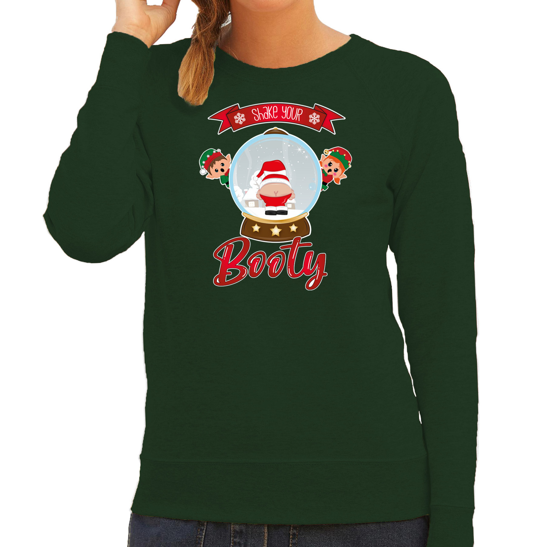 Foute Kersttrui-sweater voor dames Kerstman sneeuwbol groen Shake Your Booty