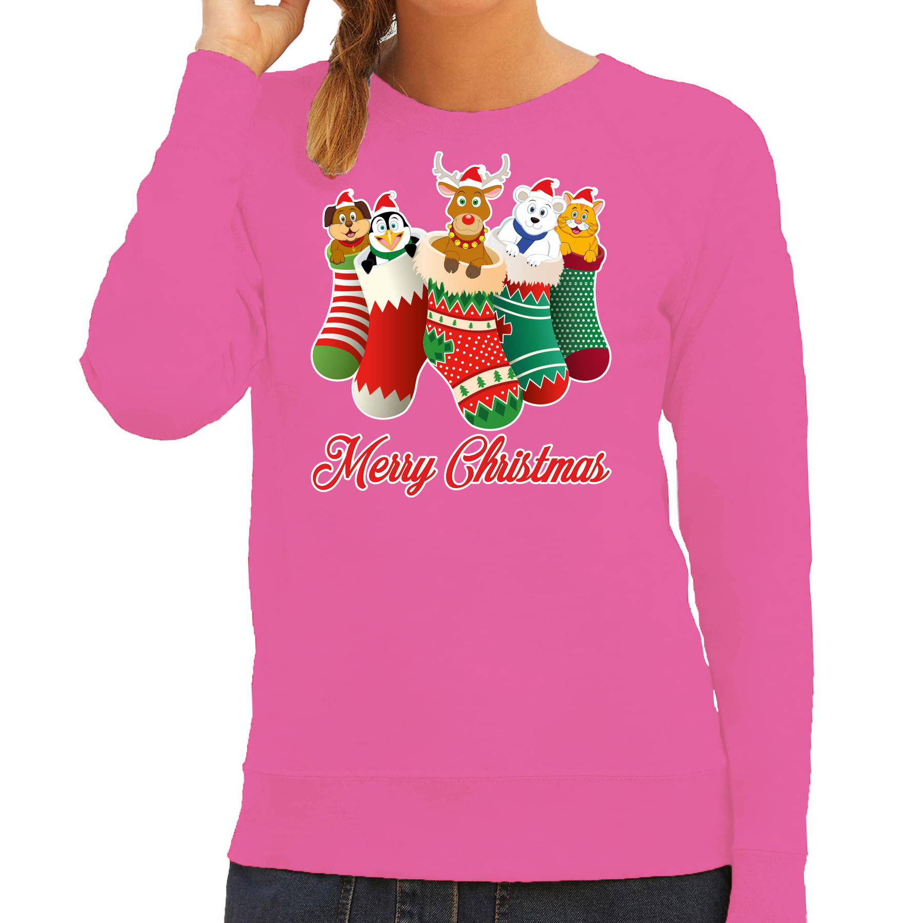 Foute kersttrui-sweater voor dames kerstsokken roze kerstdieren rudolf