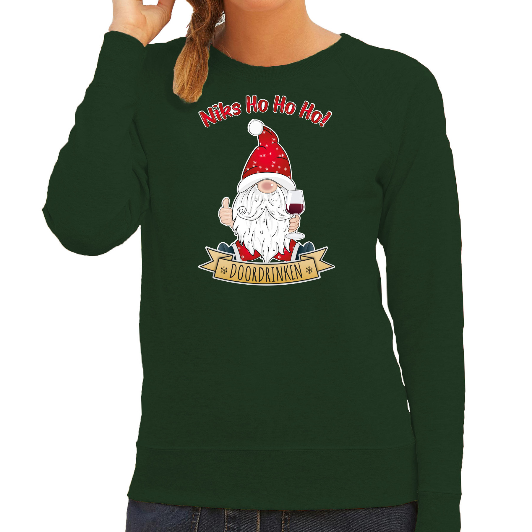 Foute Kersttrui-sweater voor dames Wijn kabouter-gnoom groen Doordrinken