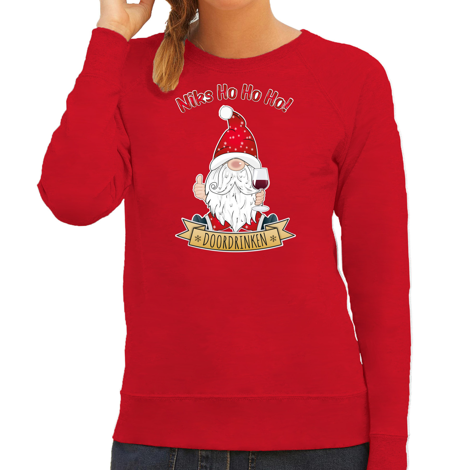Foute Kersttrui-sweater voor dames Wijn kabouter-gnoom rood Doordrinken