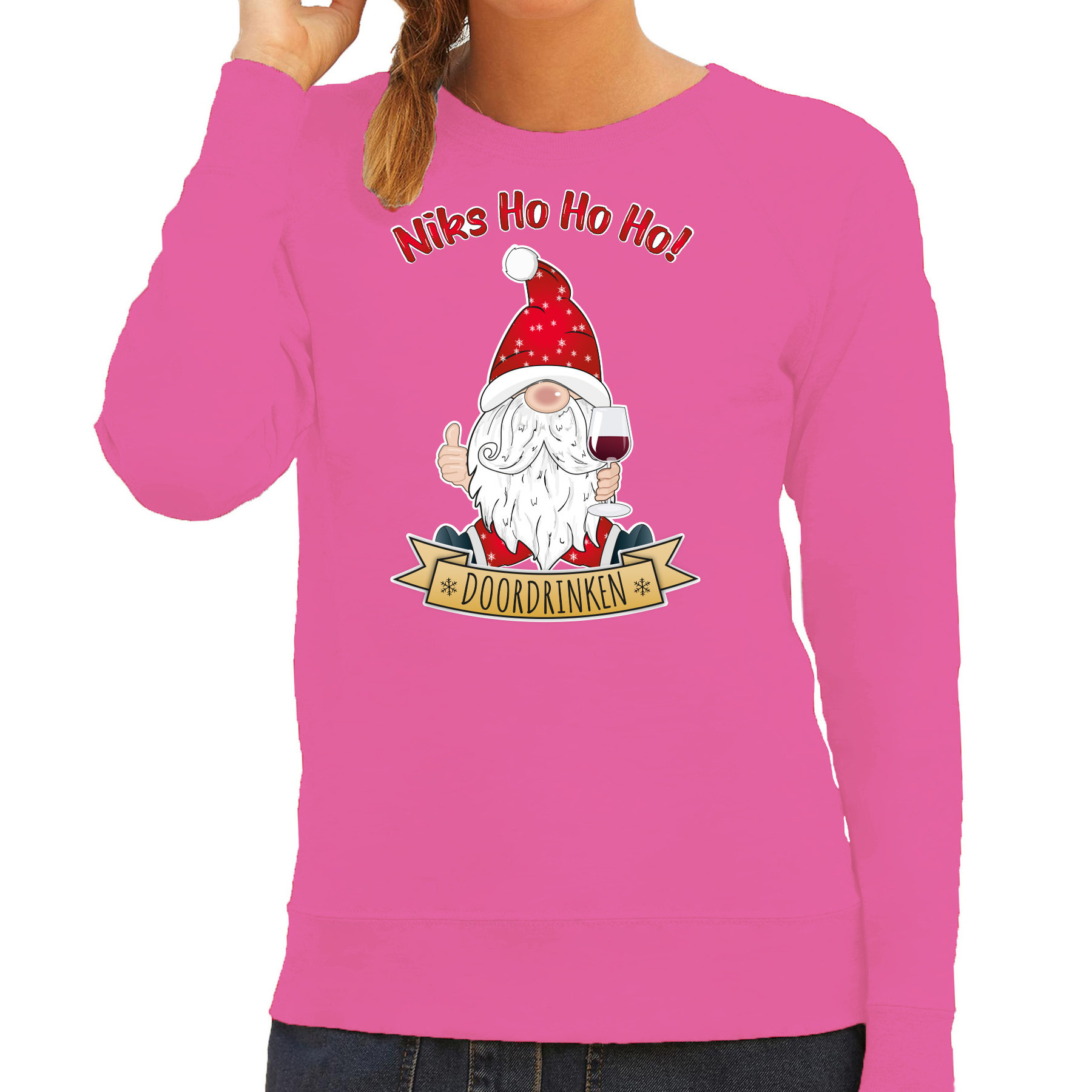 Foute Kersttrui-sweater voor dames Wijn kabouter-gnoom roze Doordrinken