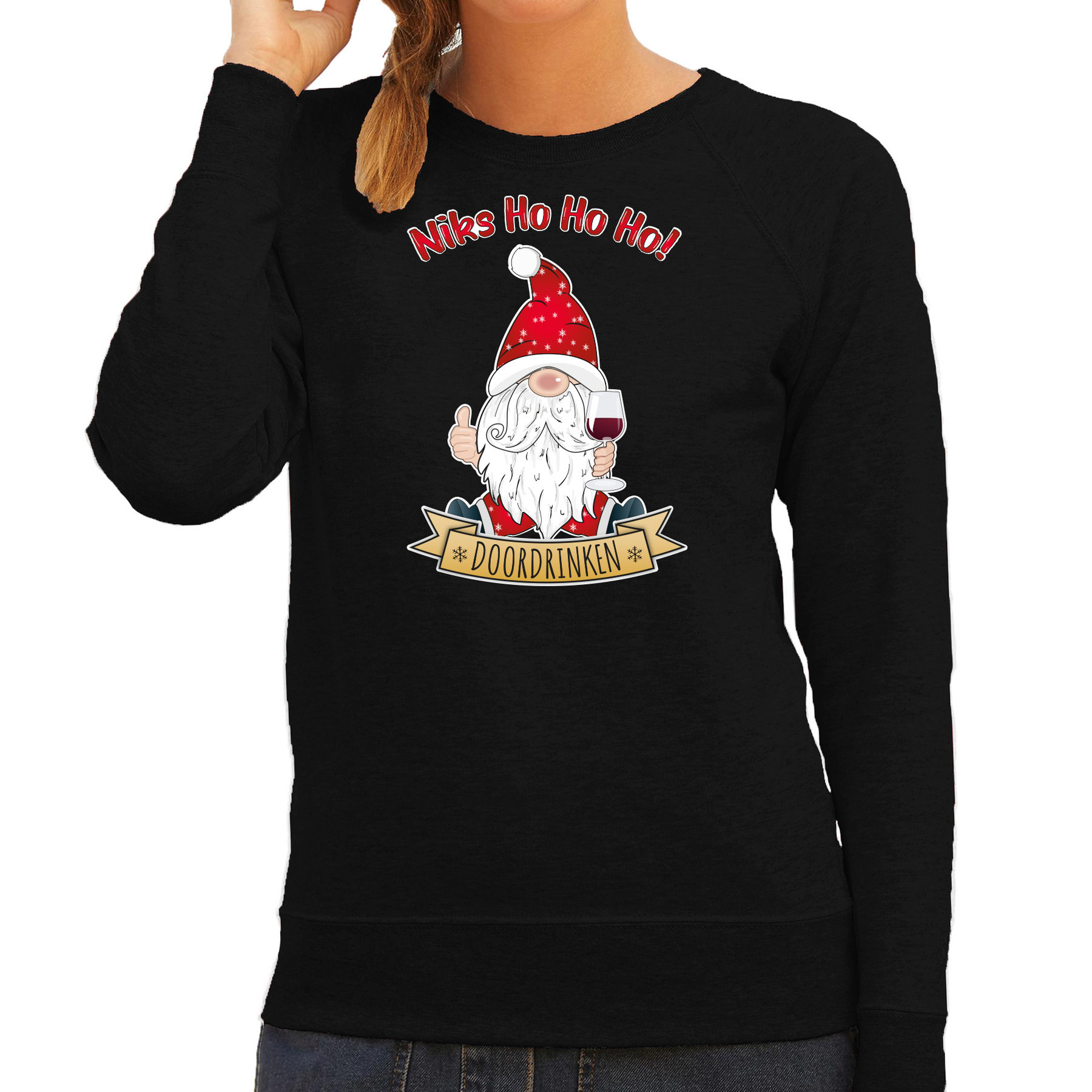 Foute Kersttrui-sweater voor dames Wijn kabouter-gnoom zwart Doordrinken