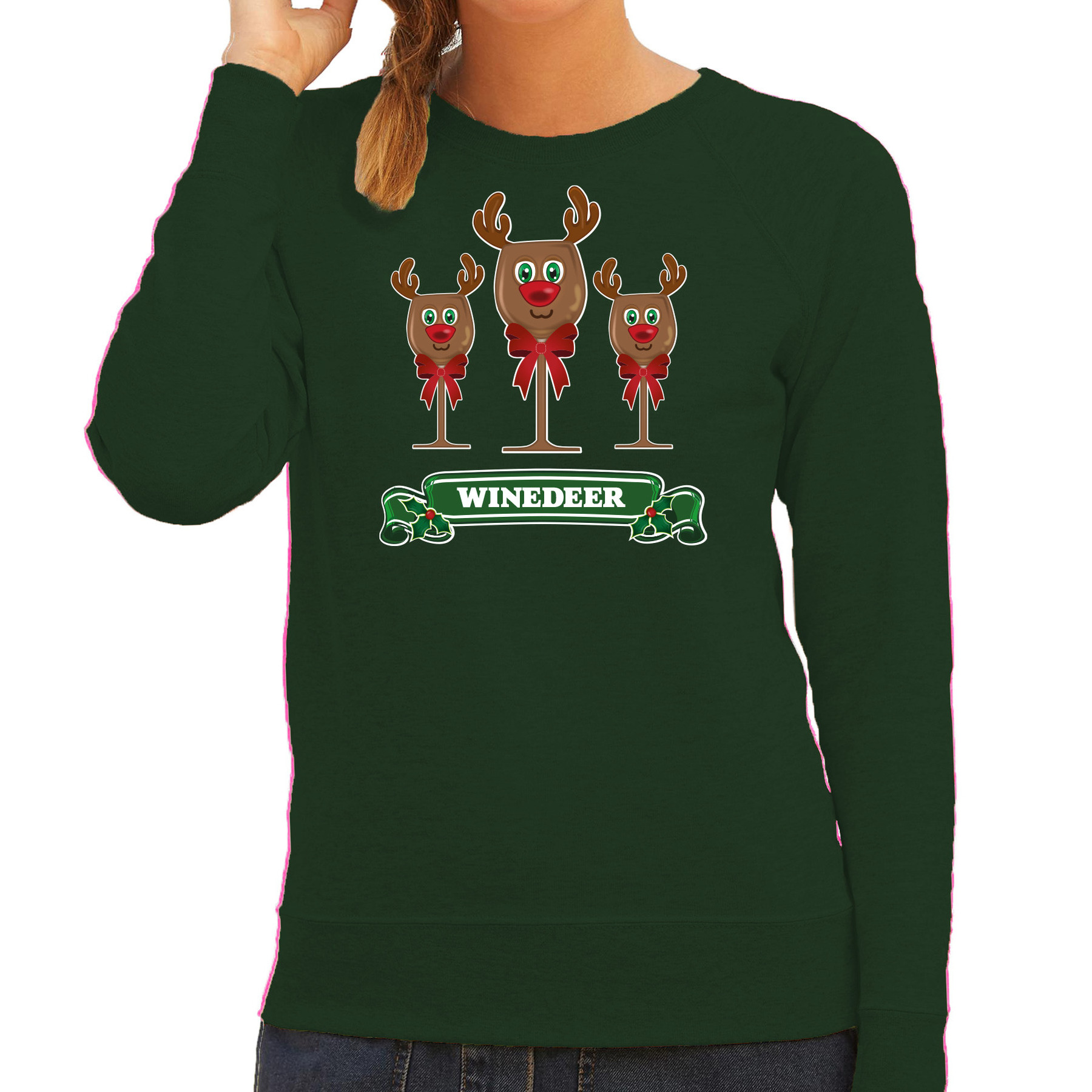 Foute Kersttrui-sweater voor dames winedeer groen wijn rendier Rudolf