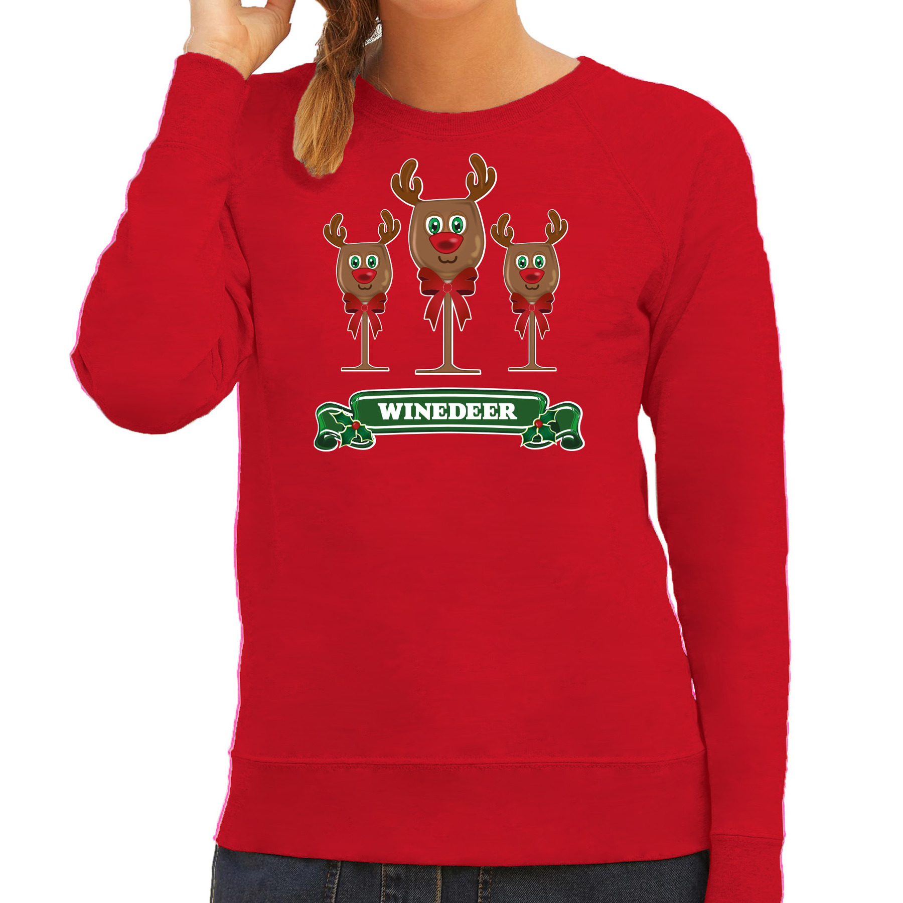 Foute Kersttrui-sweater voor dames winedeer rood wijn rendier Rudolf