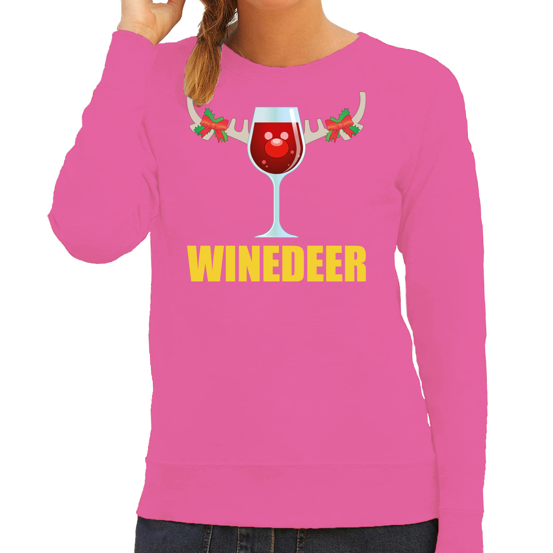 Foute kersttrui-sweater voor dames winedeer roze wijn rendier kerstmis