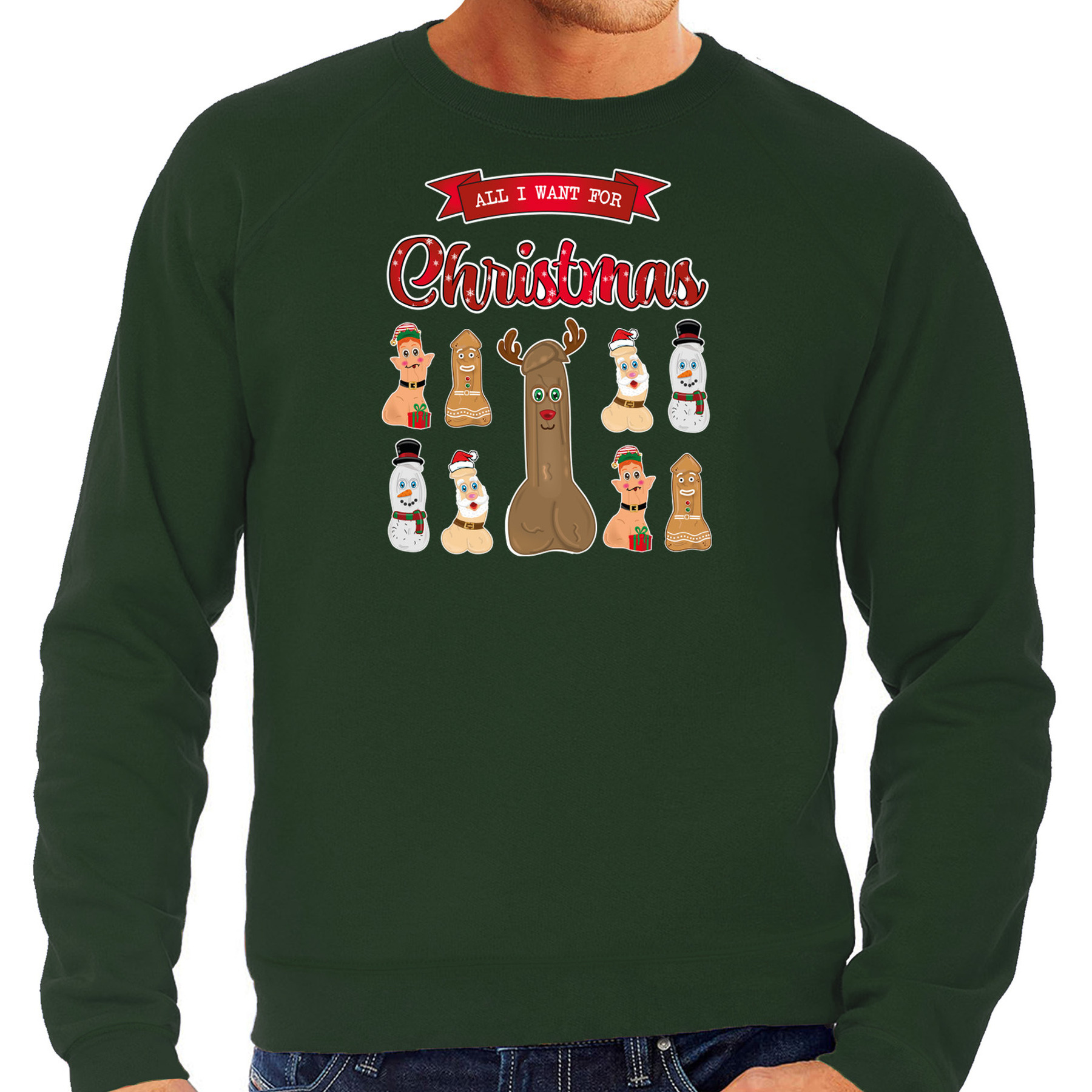 Foute Kersttrui-sweater voor heren All I want for Christmas groen piemel-penis