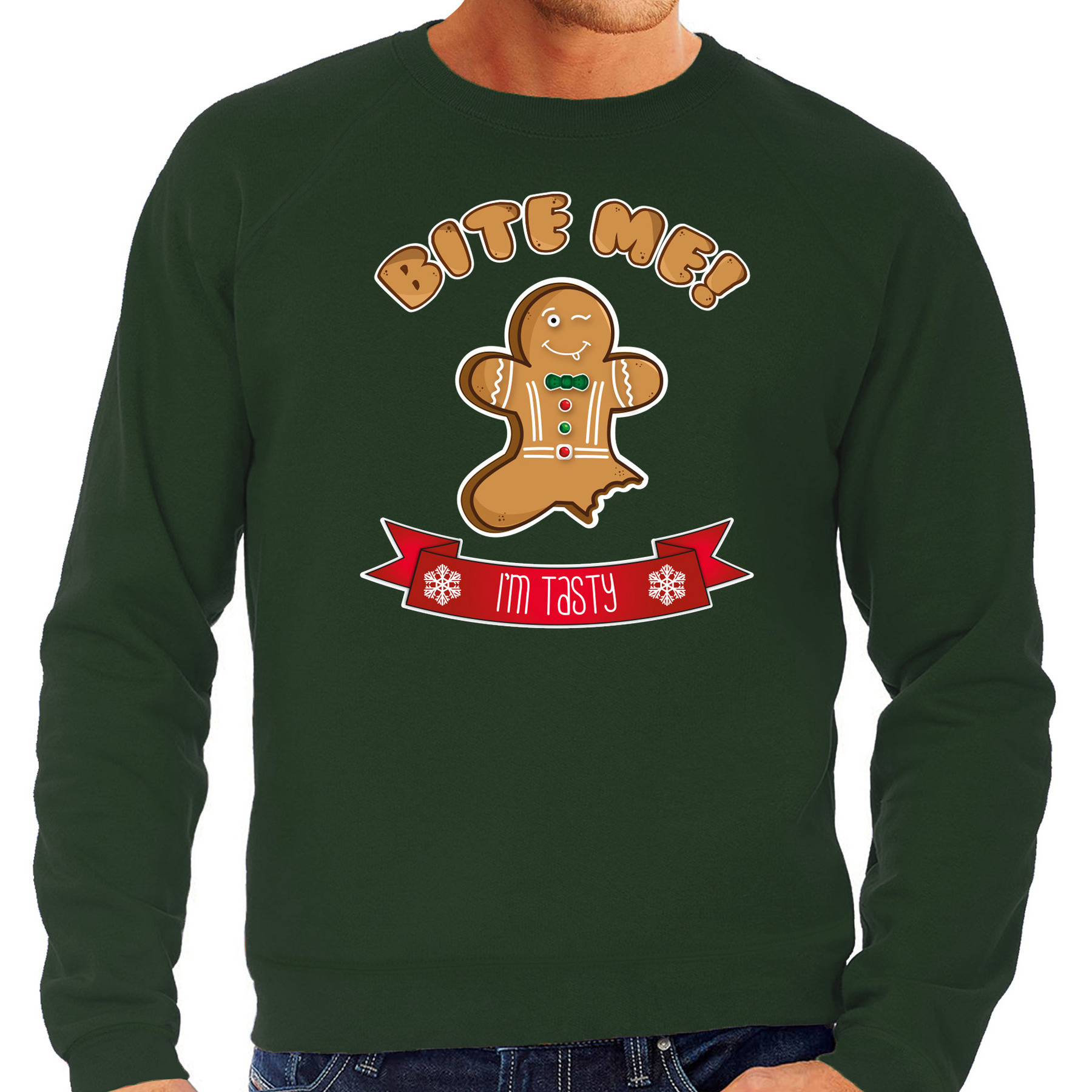 Foute Kersttrui-sweater voor heren Gingerbread koekemannetje groen Bite Me