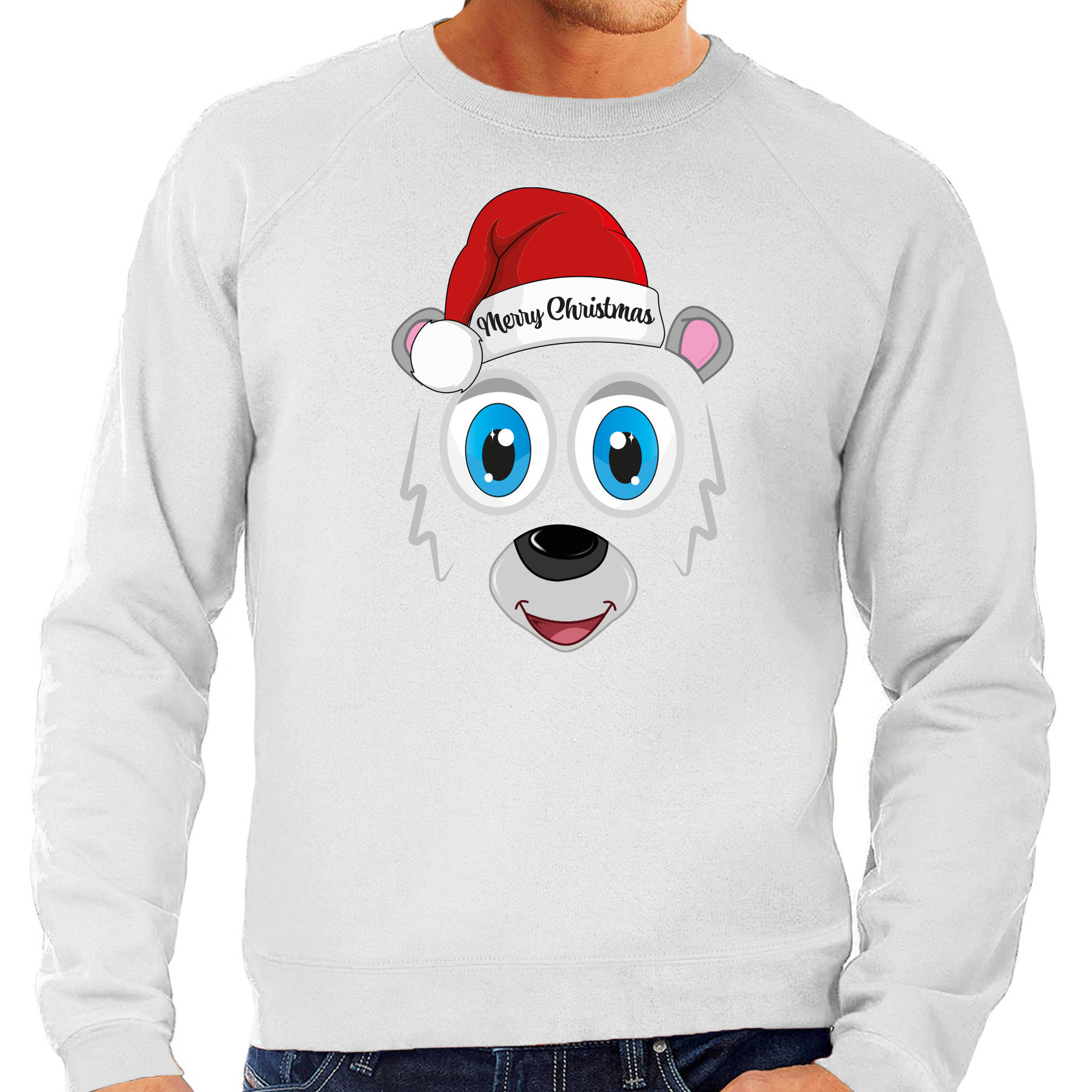 Foute Kersttrui-sweater voor heren IJsbeer gezicht lichtgrijs Merry Christmas