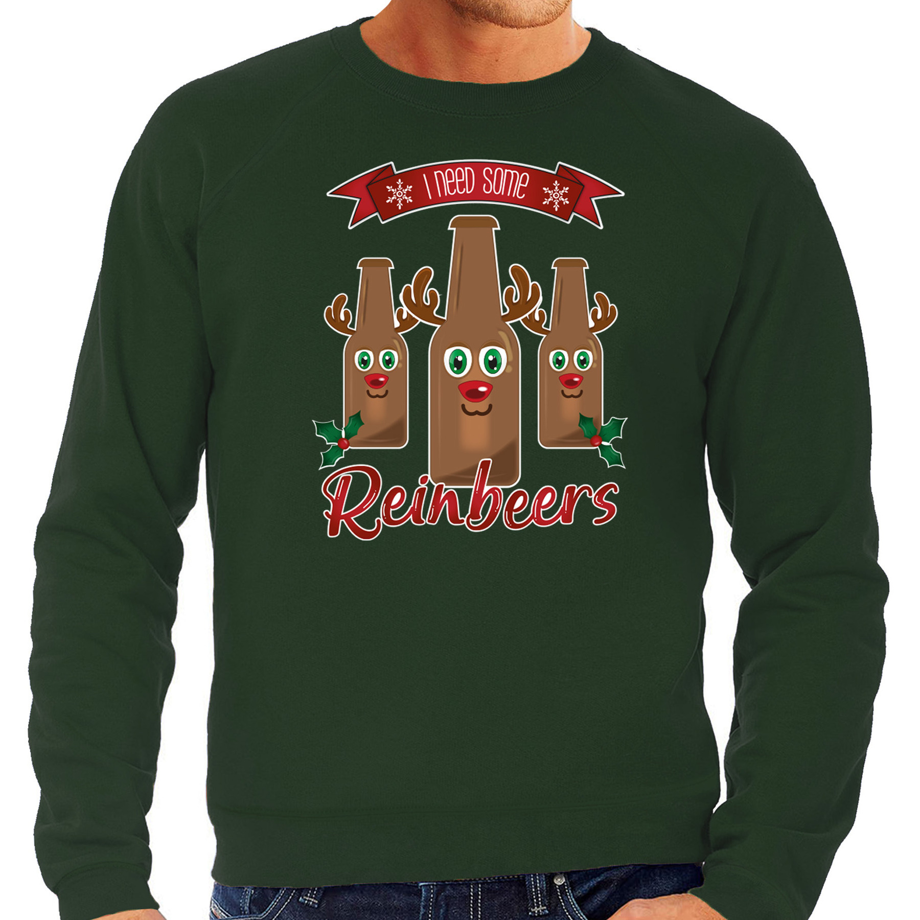 Foute Kersttrui-sweater voor heren Rudolf Reinbeers groen rendier-bier