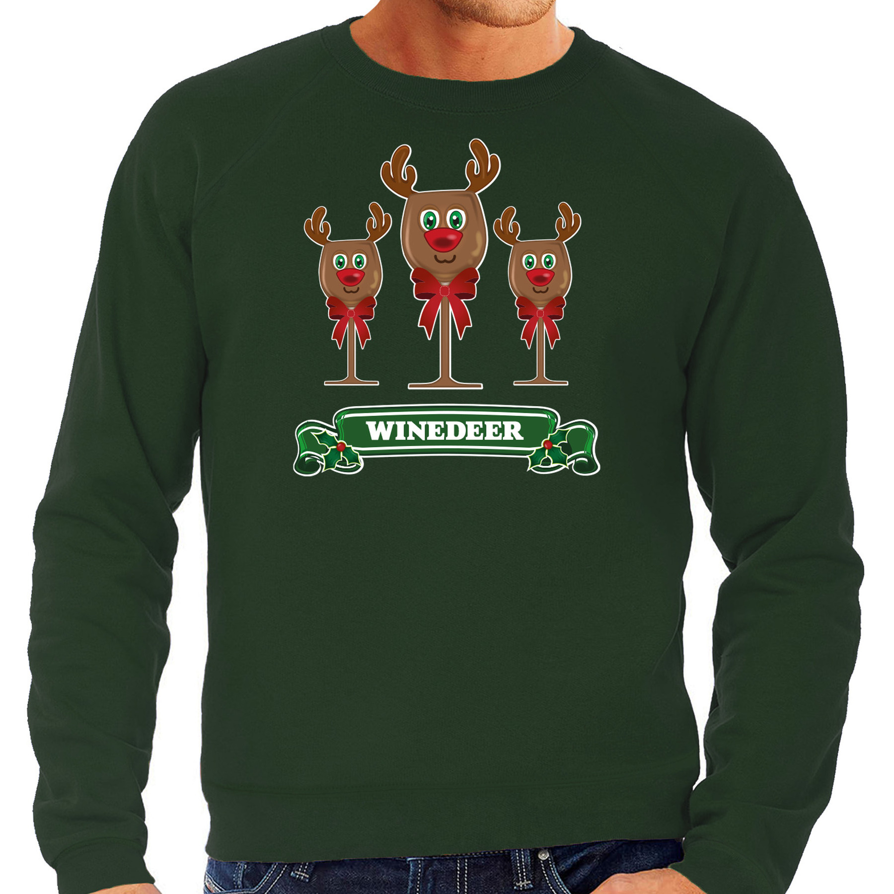 Foute Kersttrui-sweater voor heren winedeer groen wijn rendier Rudolf