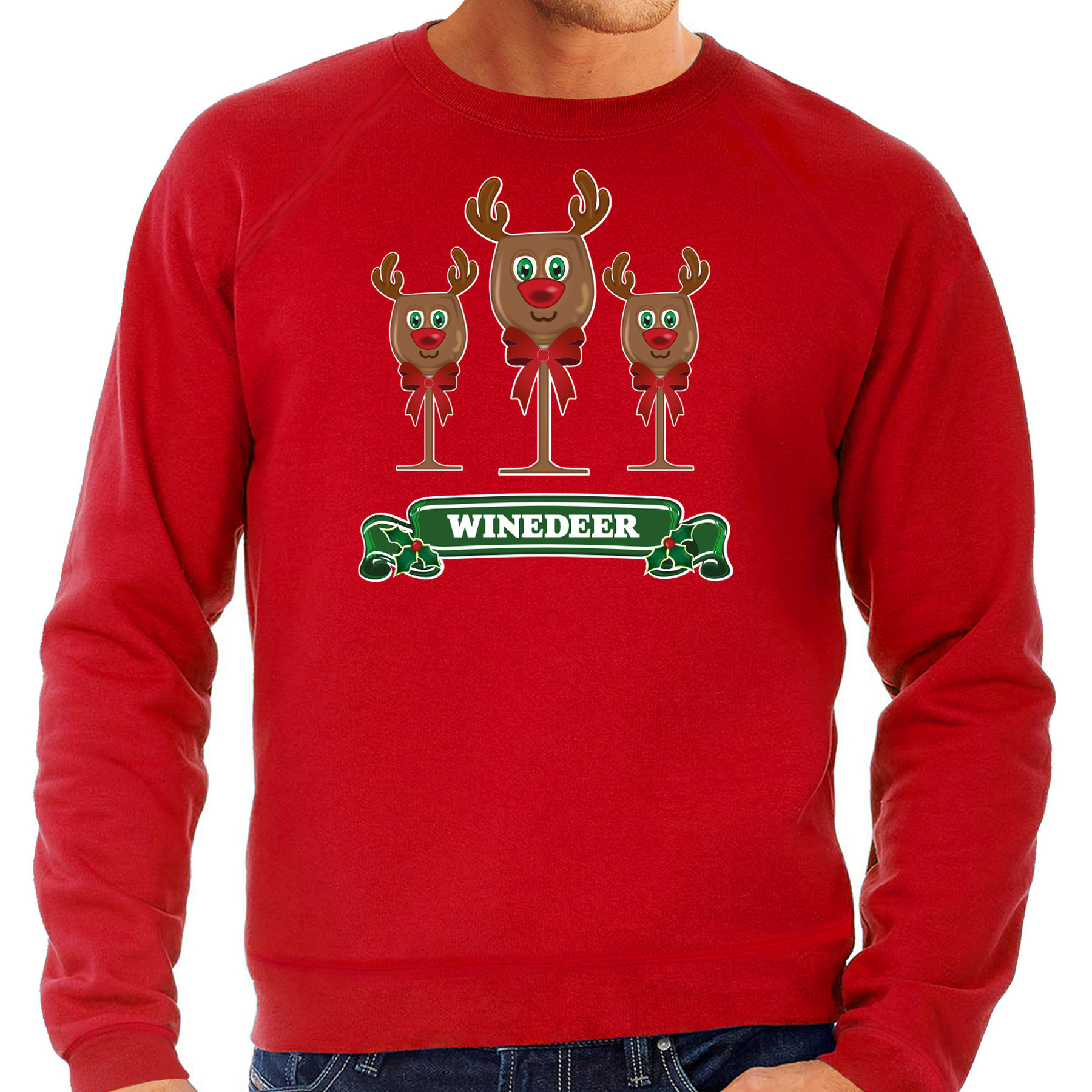 Foute Kersttrui-sweater voor heren winedeer rood wijn rendier Rudolf