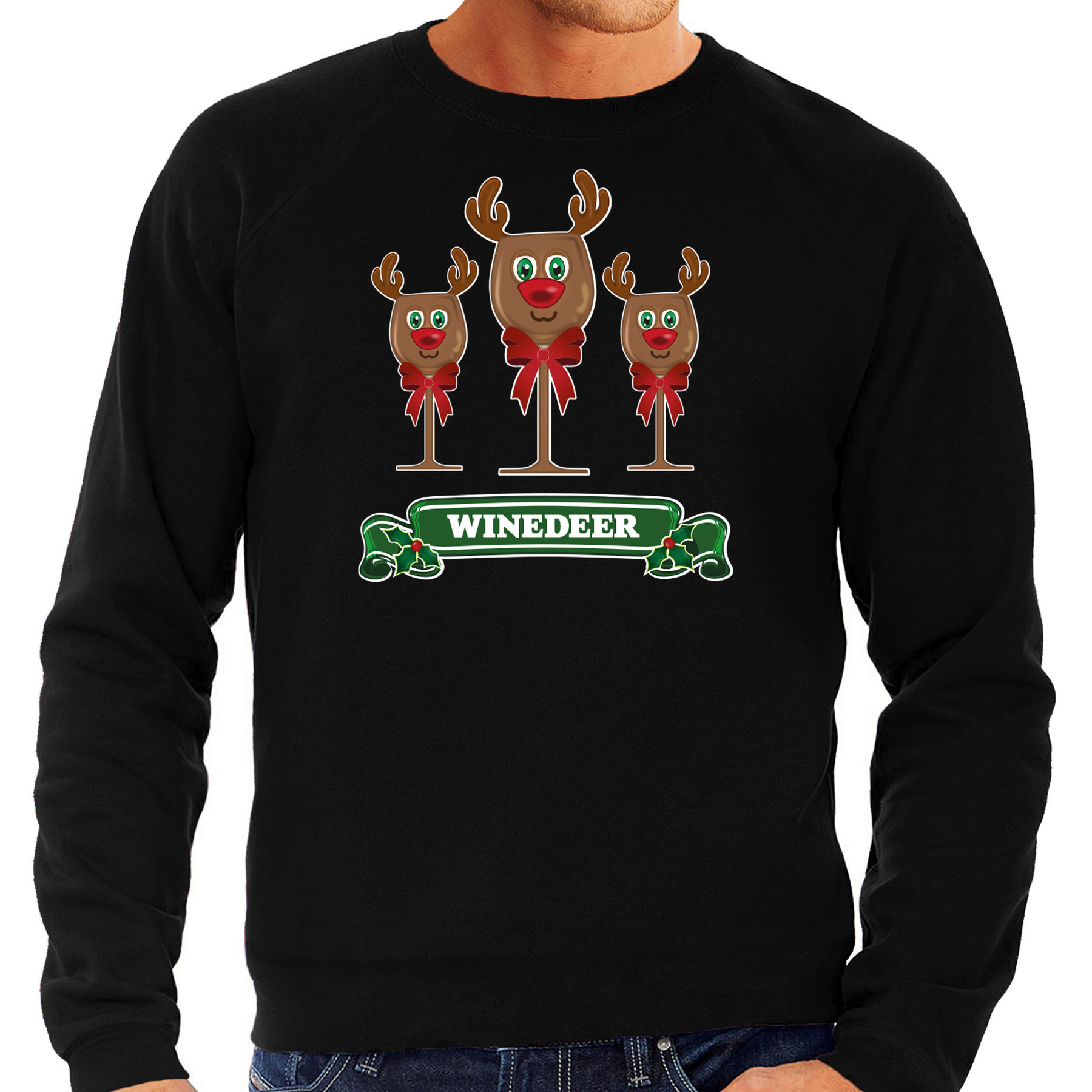 Foute Kersttrui-sweater voor heren winedeer zwart wijn rendier Rudolf