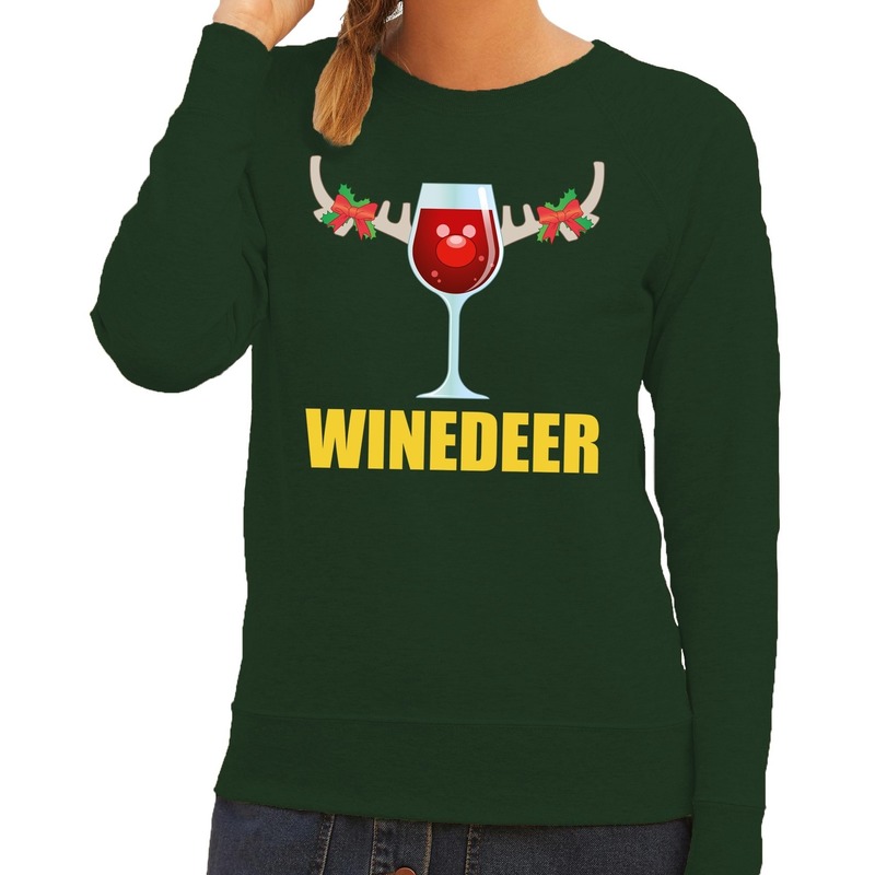 Foute kersttrui-sweater wijn Winedeer groen voor dames kersttruien
