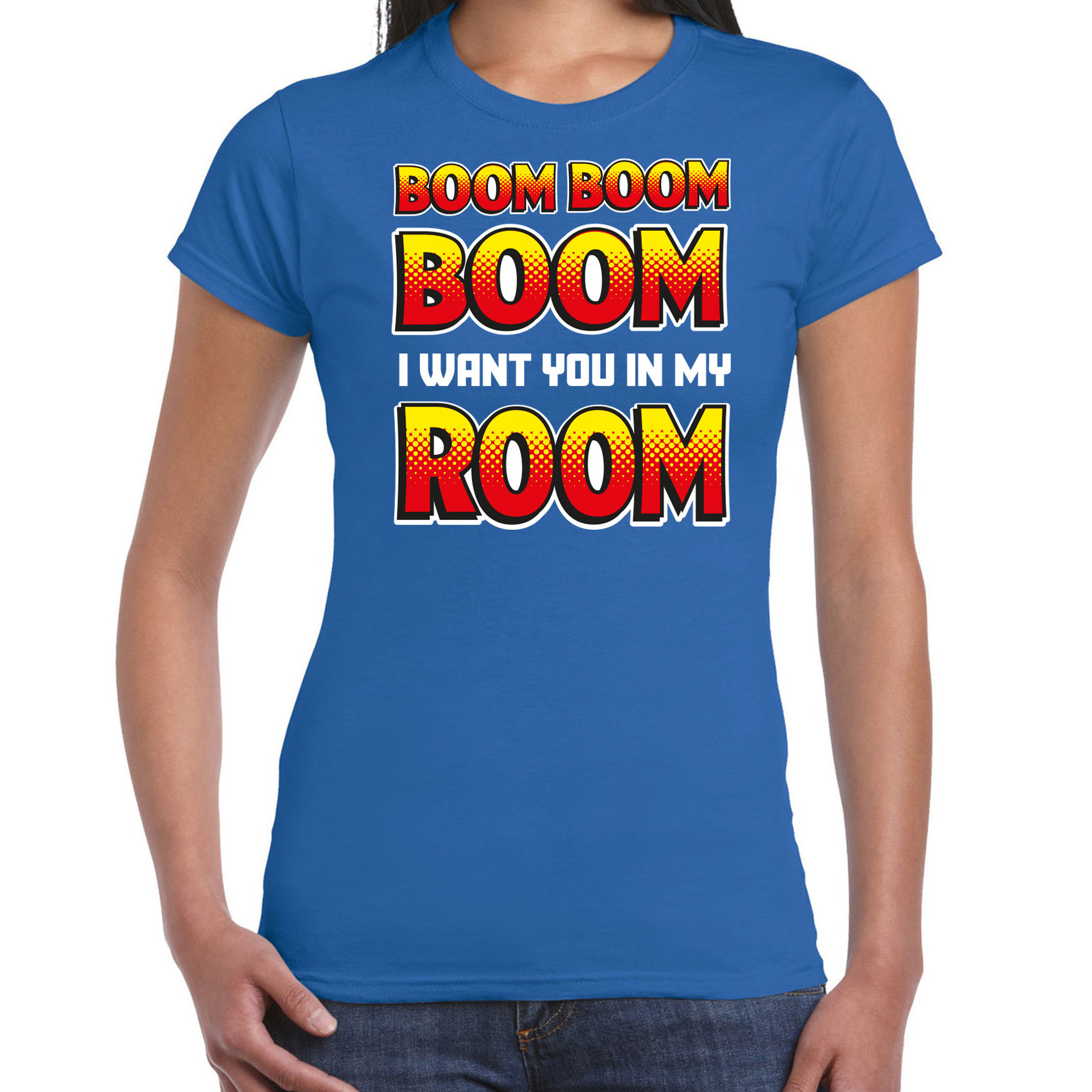 Foute party t-shirt voor dames Boom boom boom i want you in my room blauw carnaval-themafeest