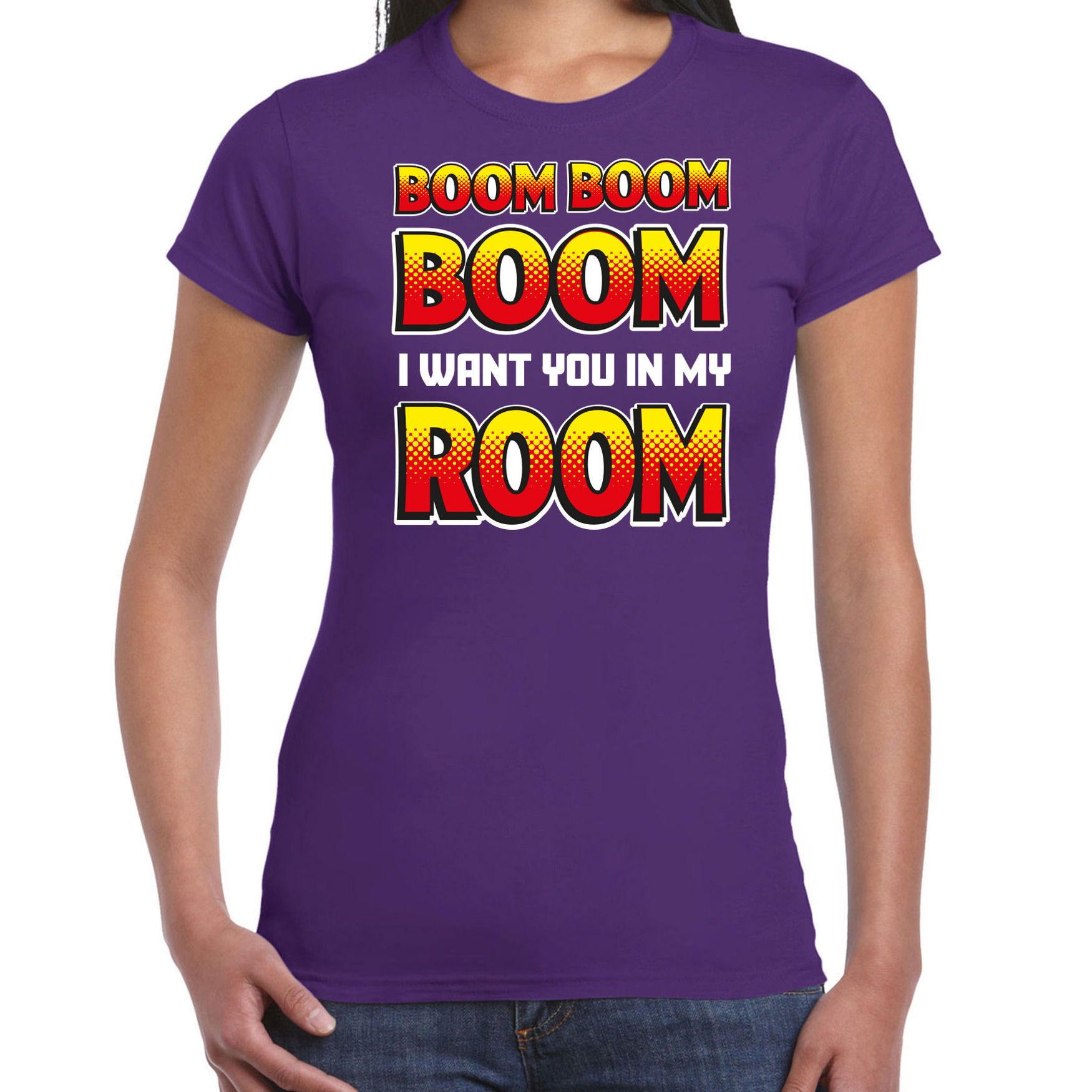 Foute party t-shirt voor dames Boom boom boom i want you in my room paars carnaval-themafeest