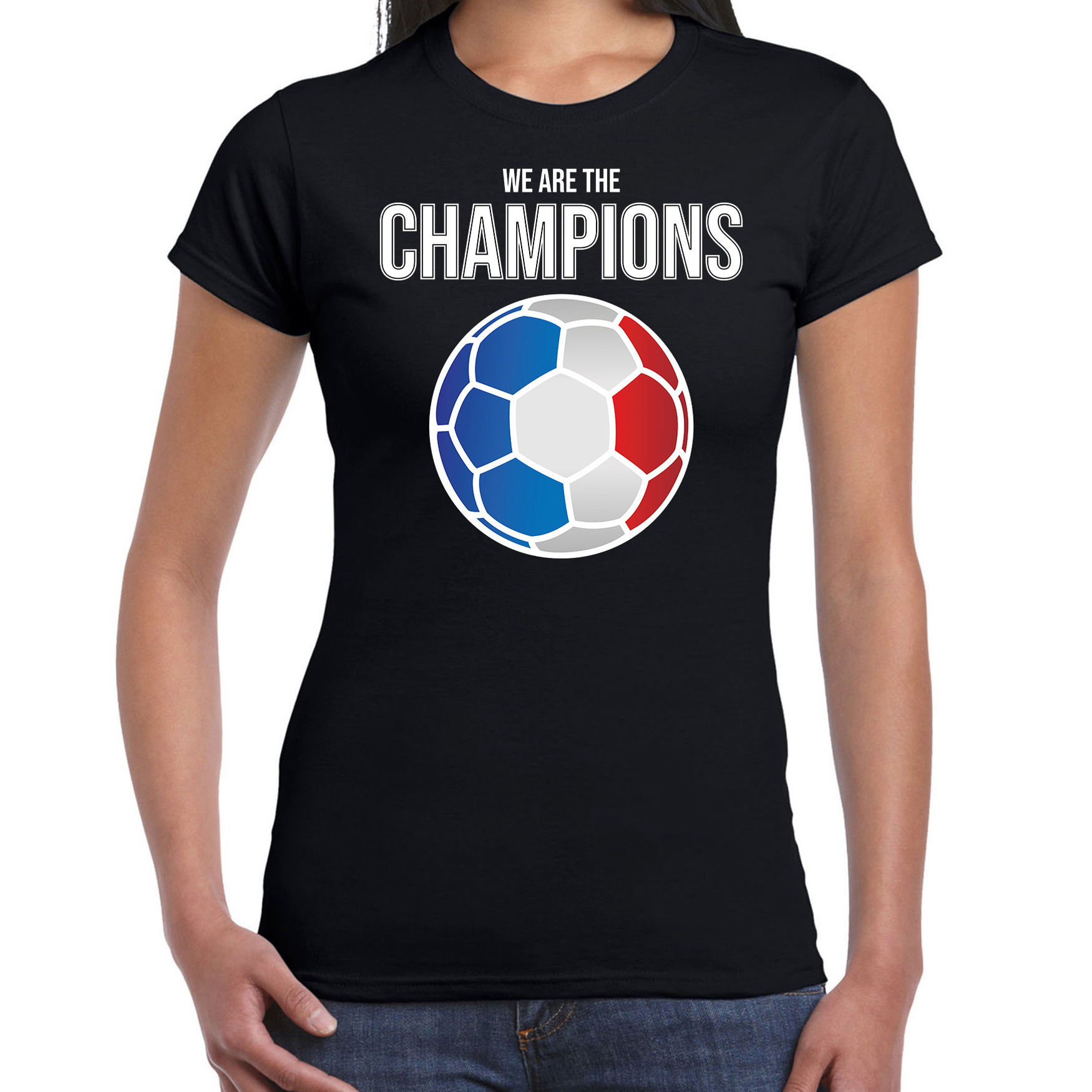Frankrijk EK- WK supporter t-shirt we are the champions met Franse voetbal zwart dames