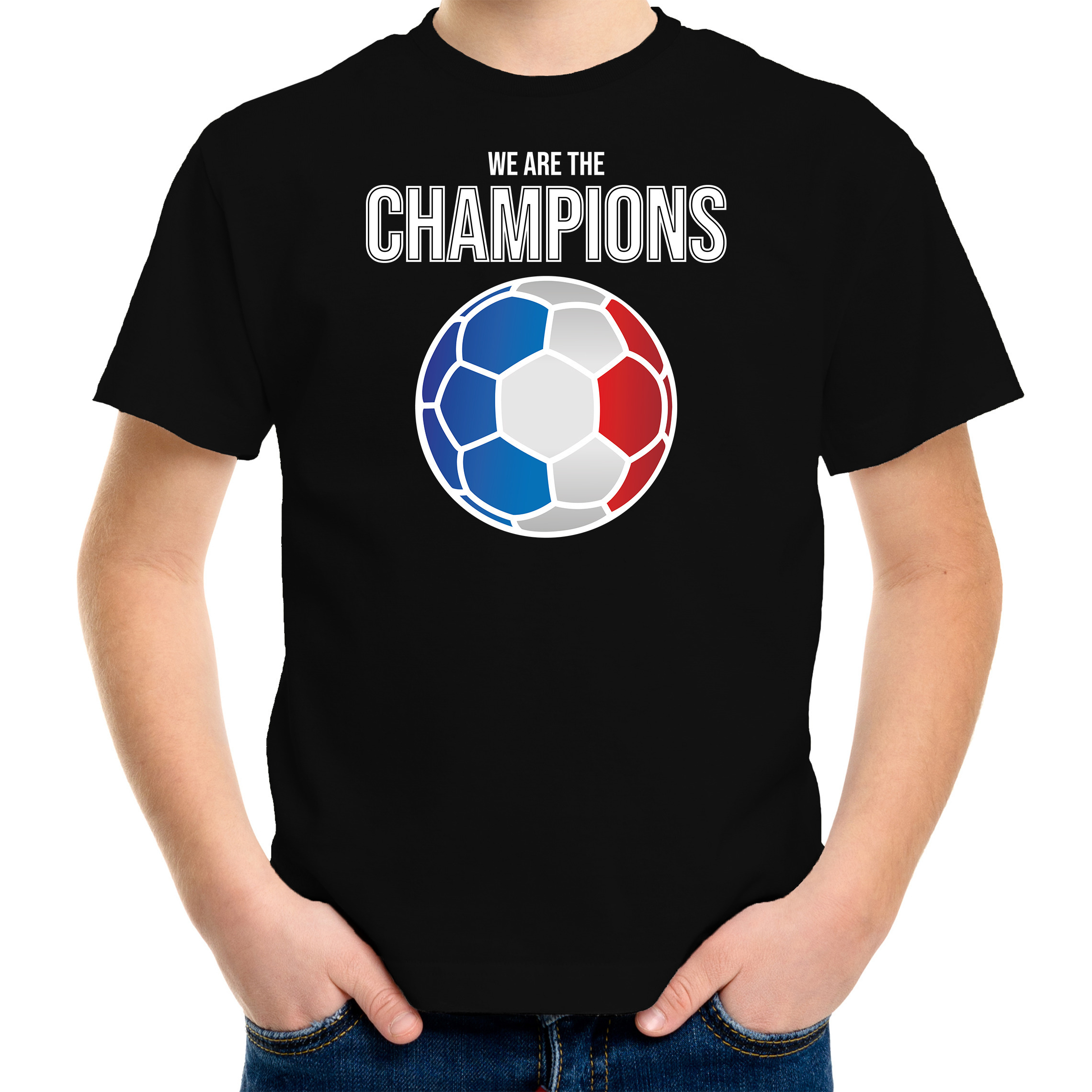 Frankrijk EK- WK supporter t-shirt we are the champions met Franse voetbal zwart kinderen