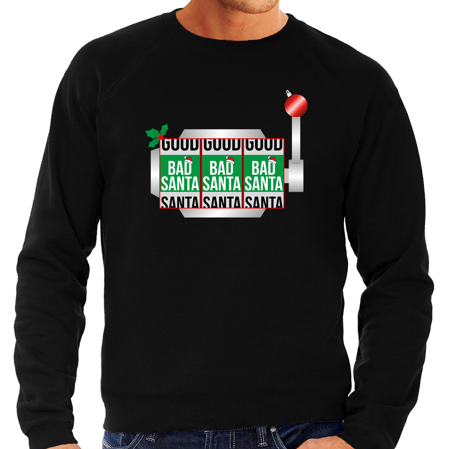 Fruitmachine-slotmachine Bad Santa foute Kerstsweater-Kersttrui zwart voor heren