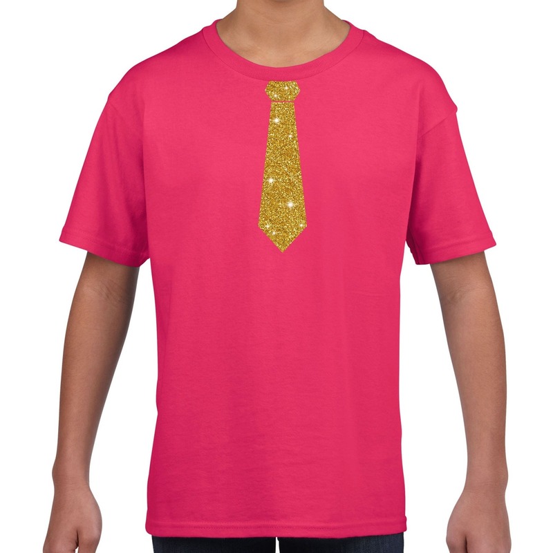 Fuchsia roze shirt met gouden stropdas bedrukking