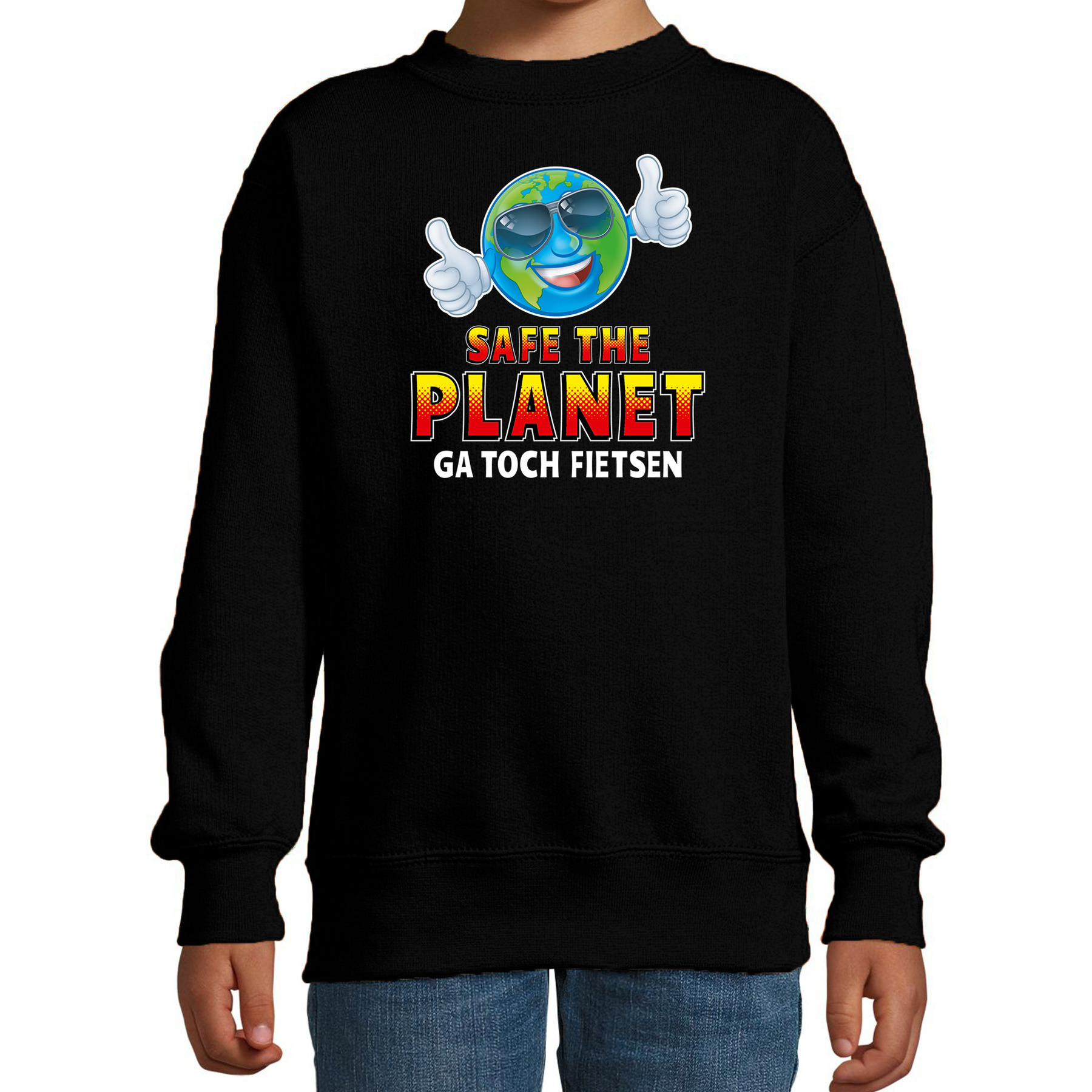 Funny emoticon sweater safe the planet zwart voor kids