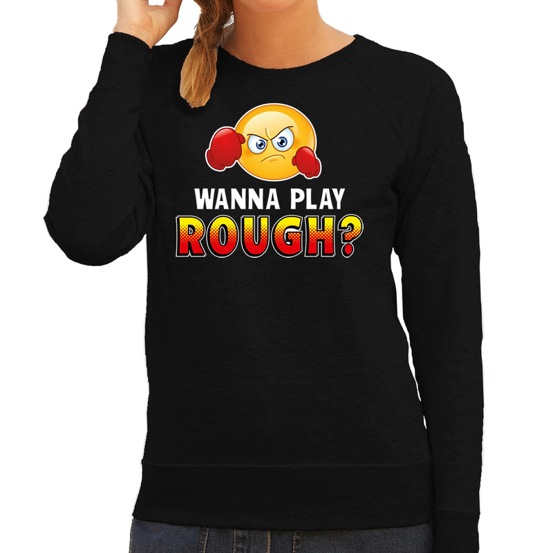 Funny emoticon sweater Wanna play rough zwart dames