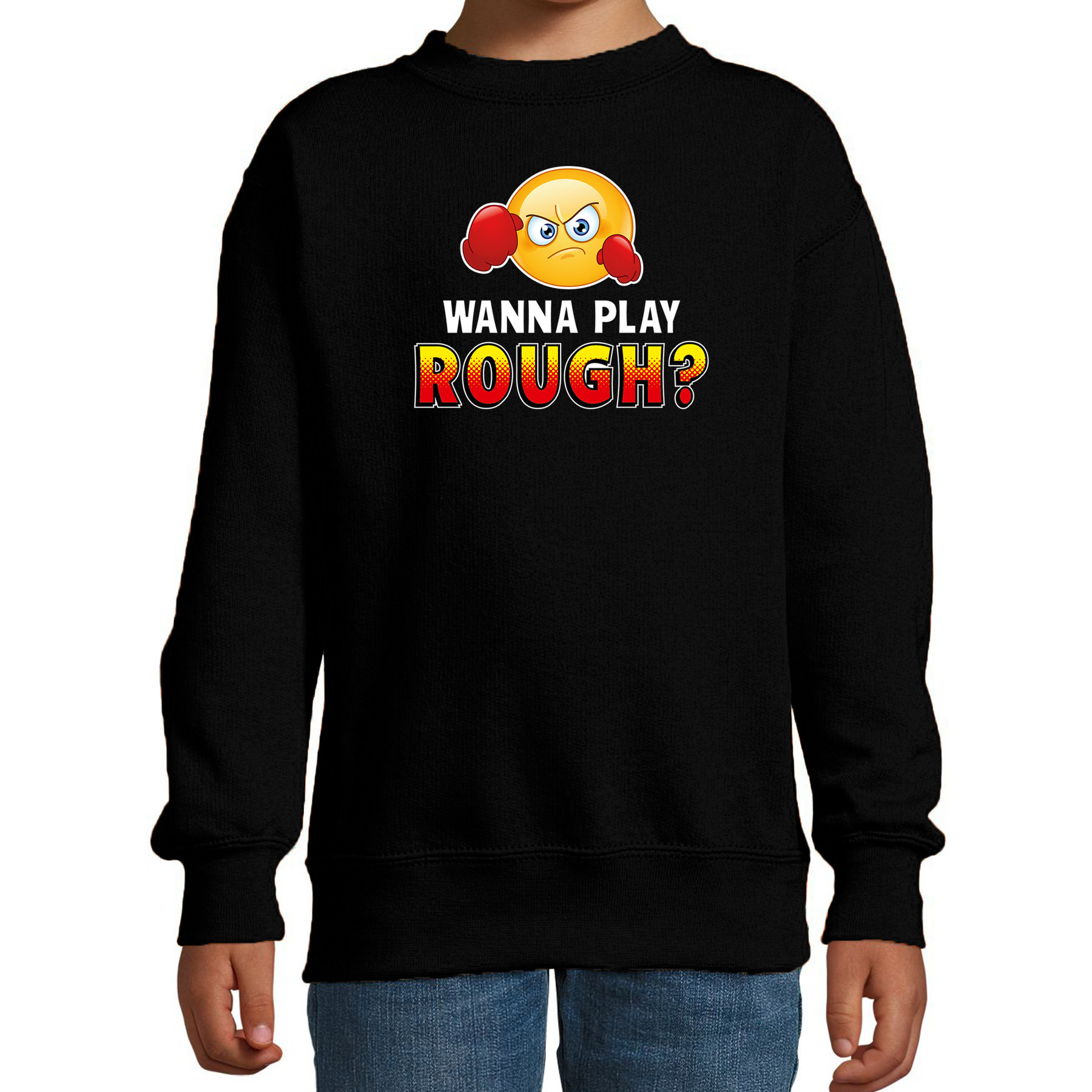 Funny emoticon sweater Wanna play rough zwart kids