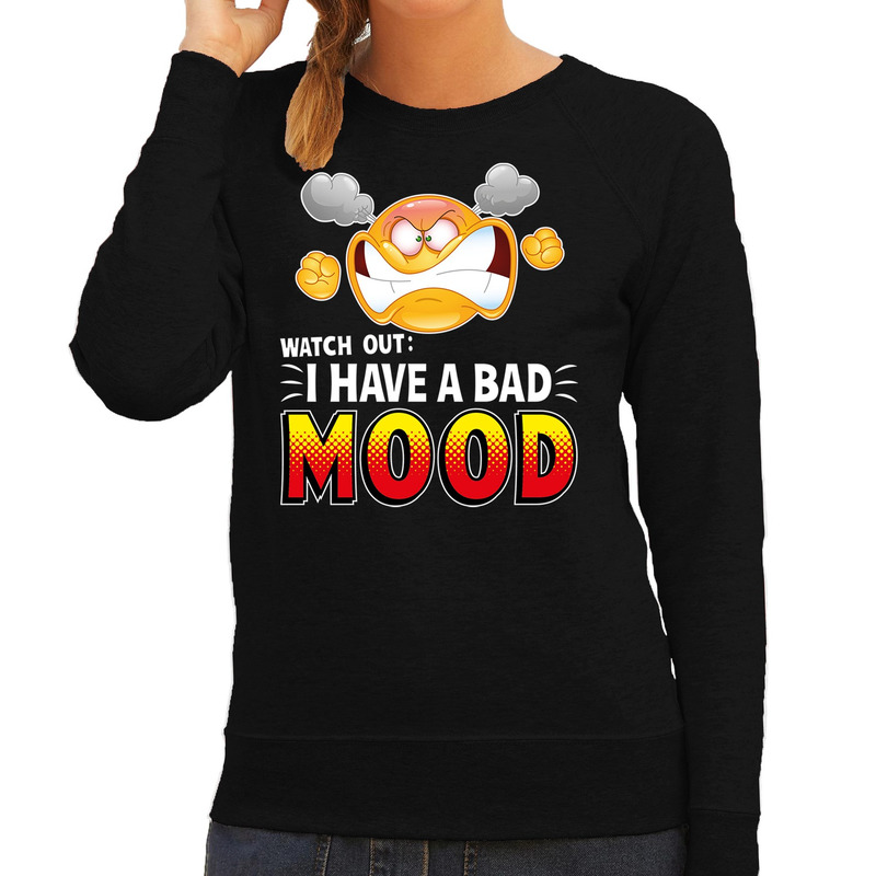 Funny emoticon sweater Watch out I have a bad mood zwart dames