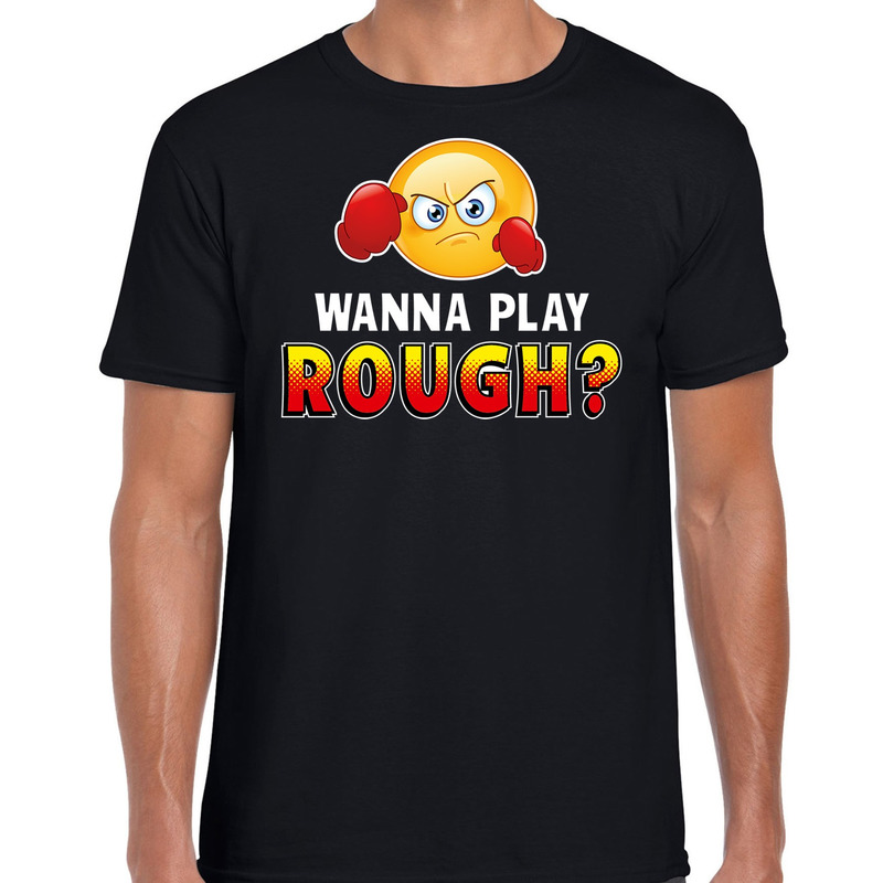 Funny emoticon t-shirt Wanna play rough zwart voor heren