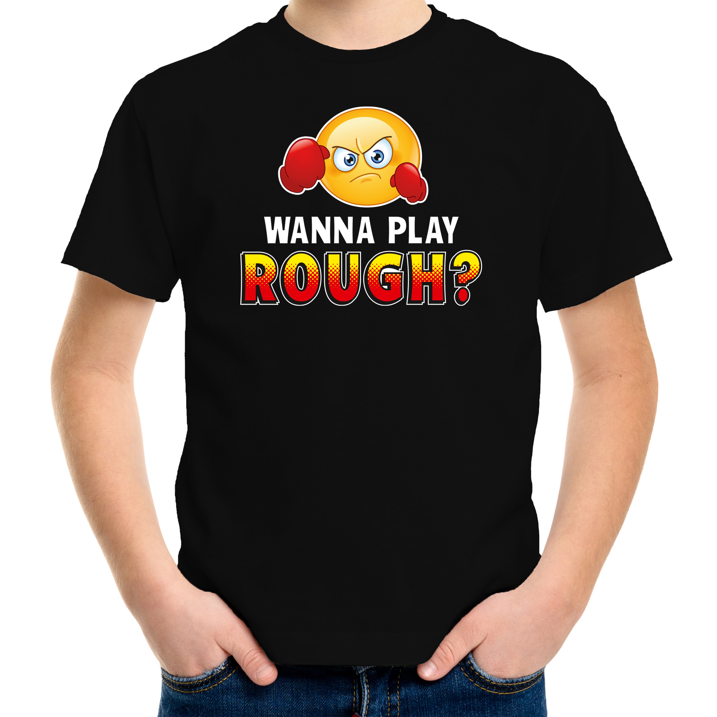 Funny emoticon t-shirt Wanna play rough zwart voor kids