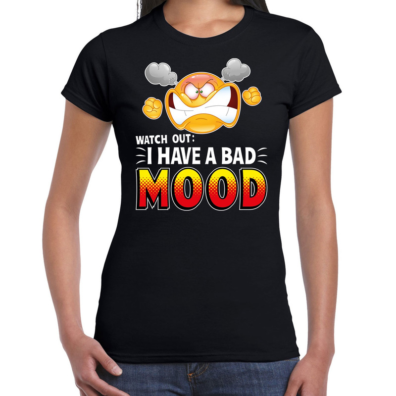 Funny emoticon t-shirt watch out i have a bad mood zwart voor da