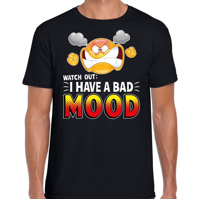 Funny emoticon t-shirt watch out i have a bad mood zwart voor he