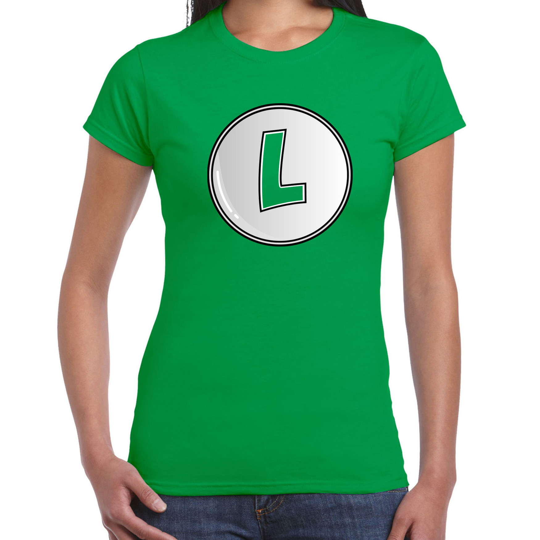 Game verkleed t-shirt voor dames loodgieter Luigi groen carnaval-themafeest kostuum