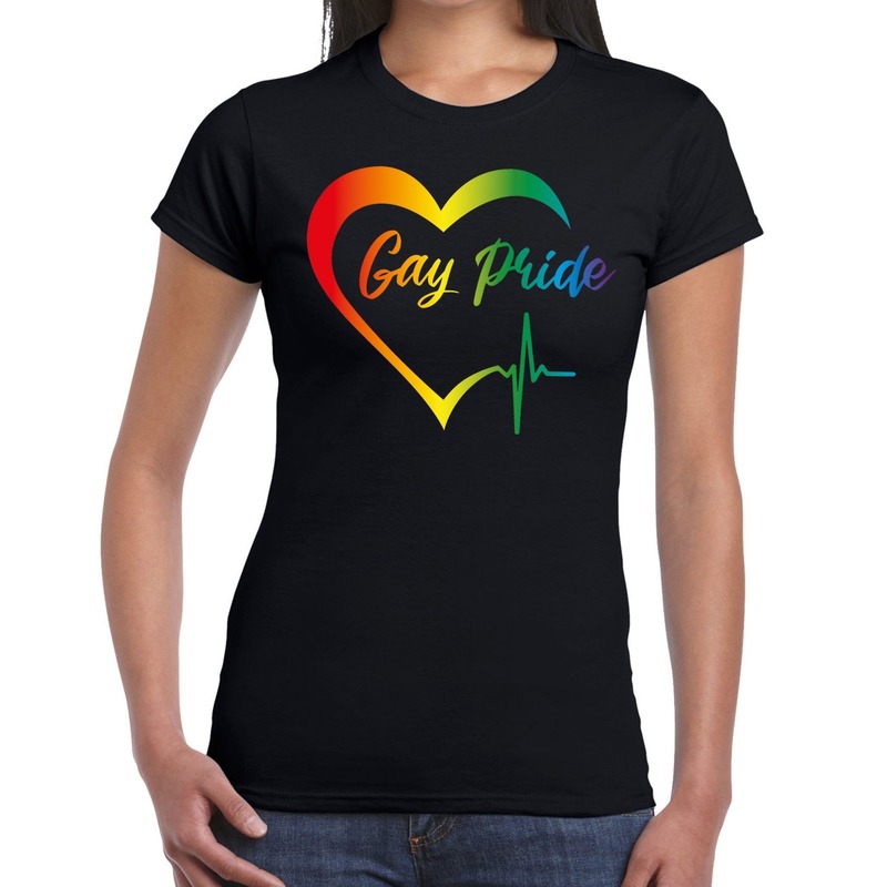 Gay Pride regenboog hart t-shirt zwart voor dames