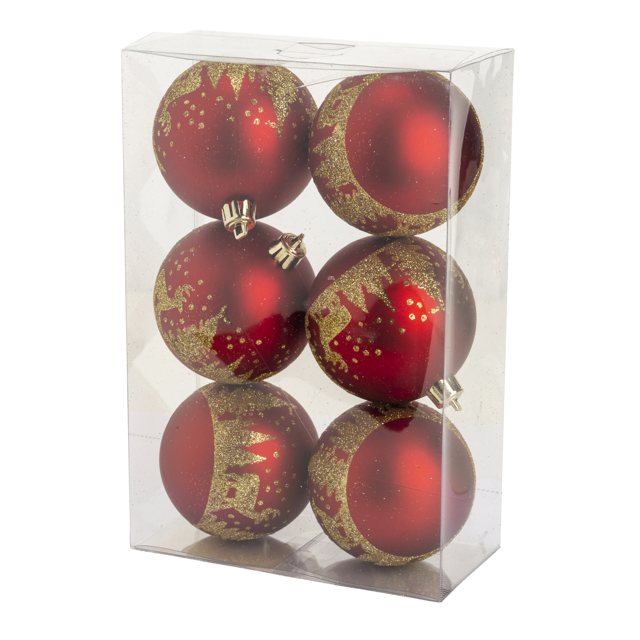 Gedecoreerde kerstballen 6x st 8 cm kunststof rood-goud