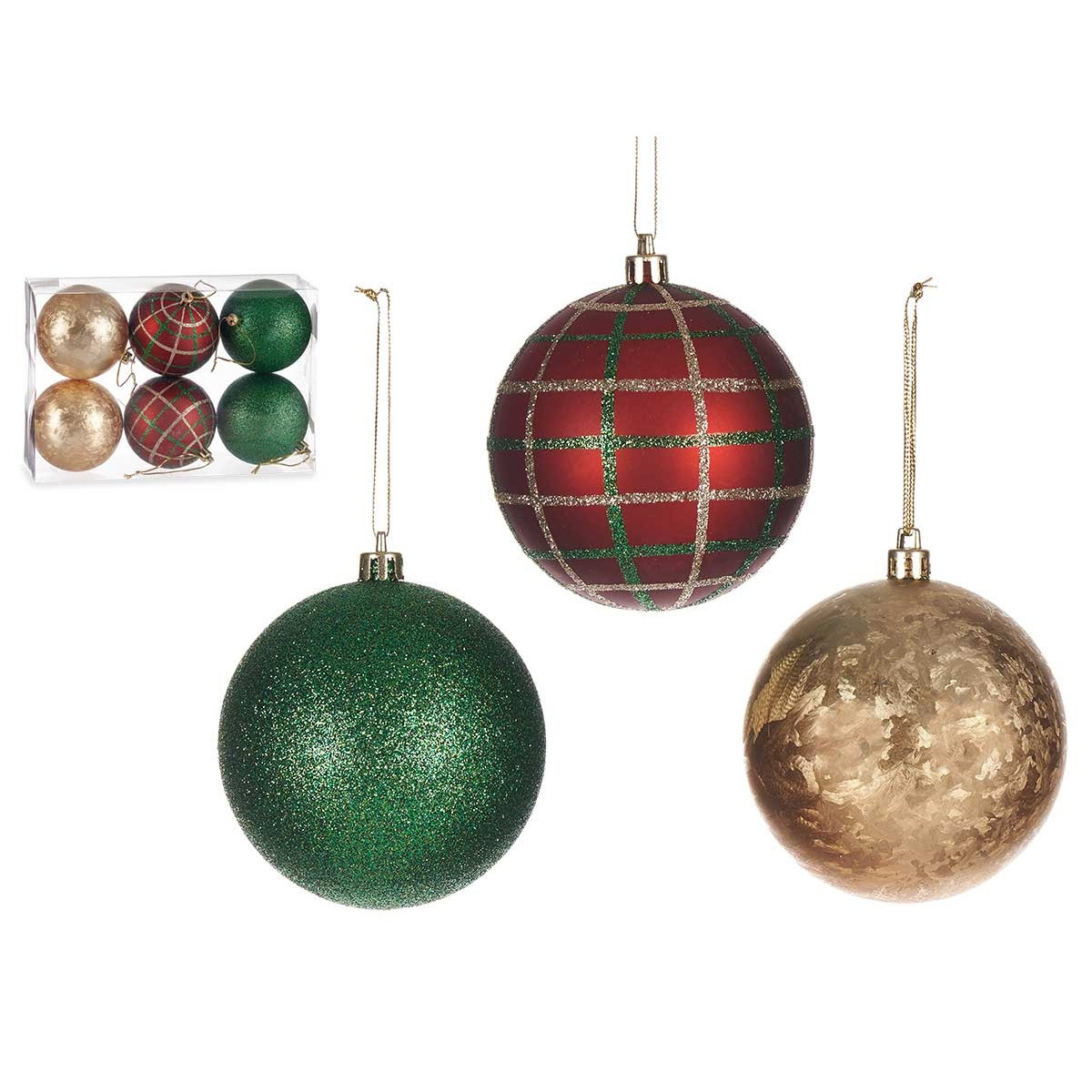 Gedecoreerde kerstballen 6x st rood-groen-goud kunststof 8 cm