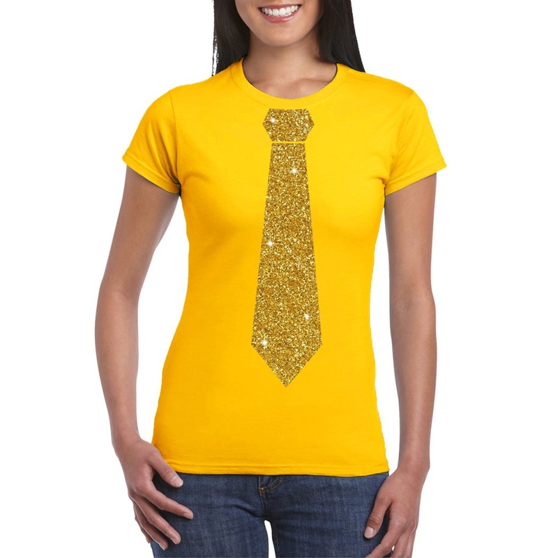 Geel fun t-shirt met stropdas in glitter goud dames
