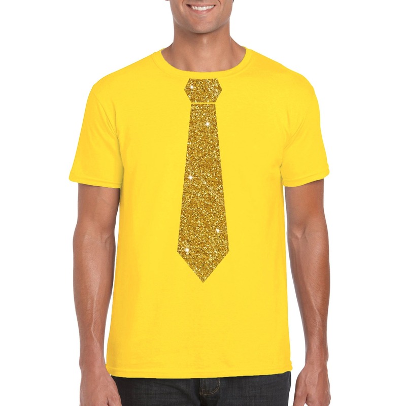 Geel fun t-shirt met stropdas in glitter goud heren
