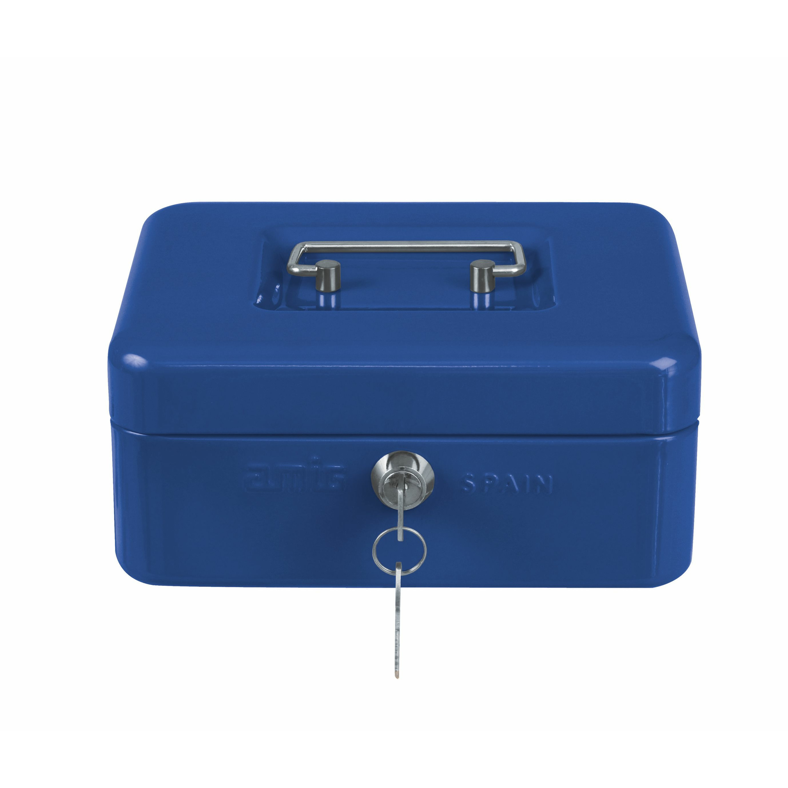 Geldkistje met 2 sleutels blauw staal muntbakje 15 x 11 x 7 cm inbraakbeveiliging