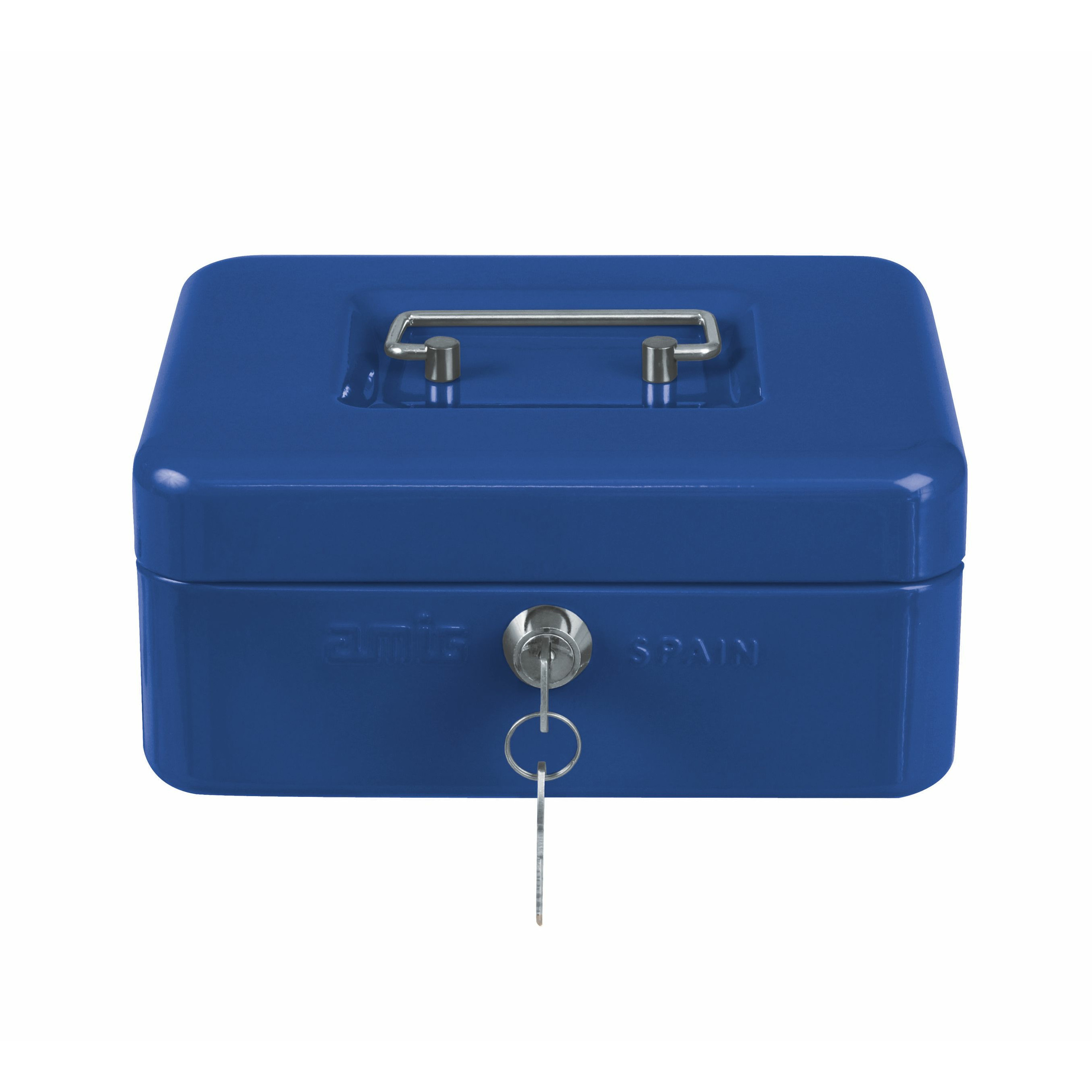 Geldkistje met 2 sleutels blauw staal muntbakje 20 x 16 x 7 cm inbraakbeveiliging