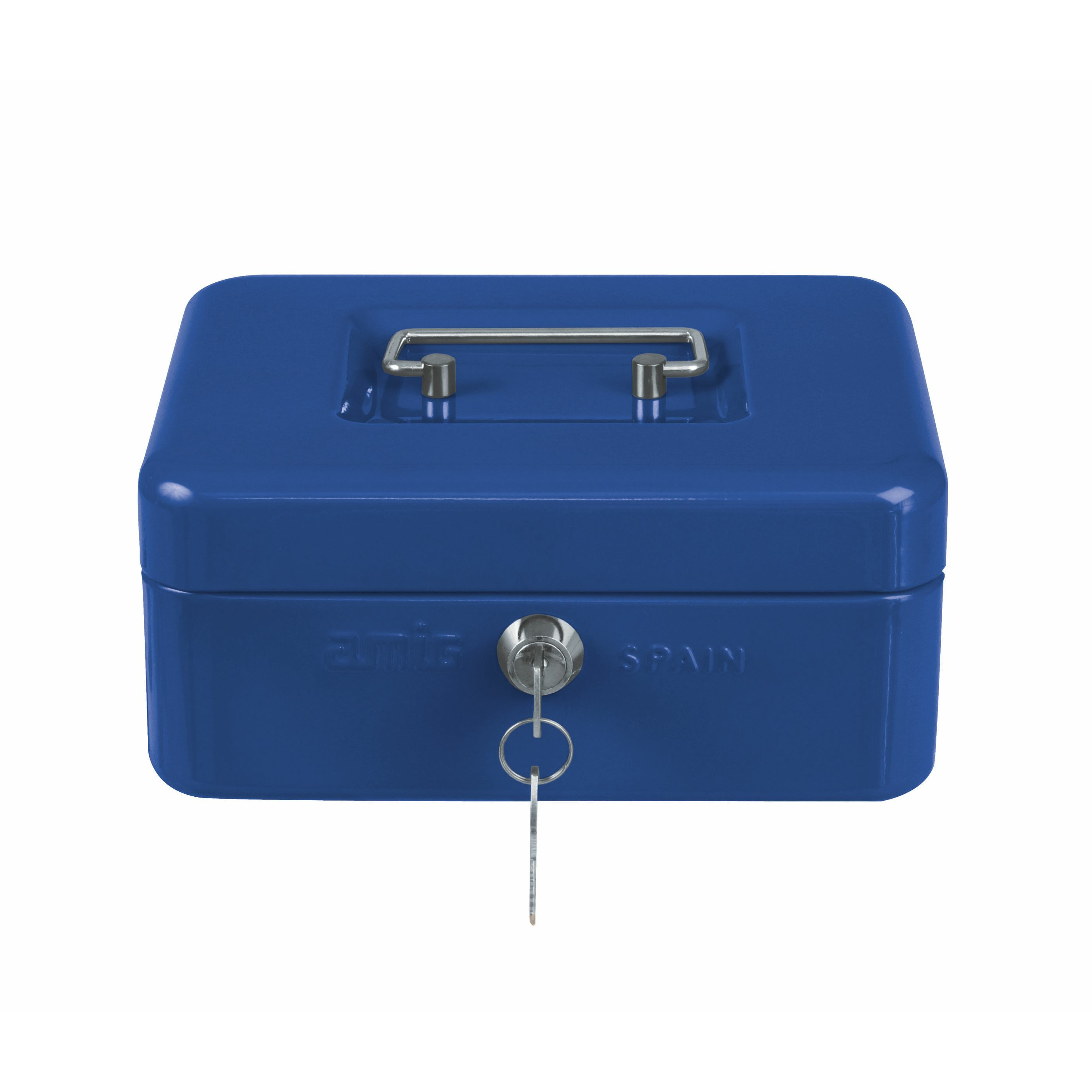 Geldkistje met 2 sleutels blauw staal muntbakje 20 x 16 x 9 cm inbraakbeveiliging
