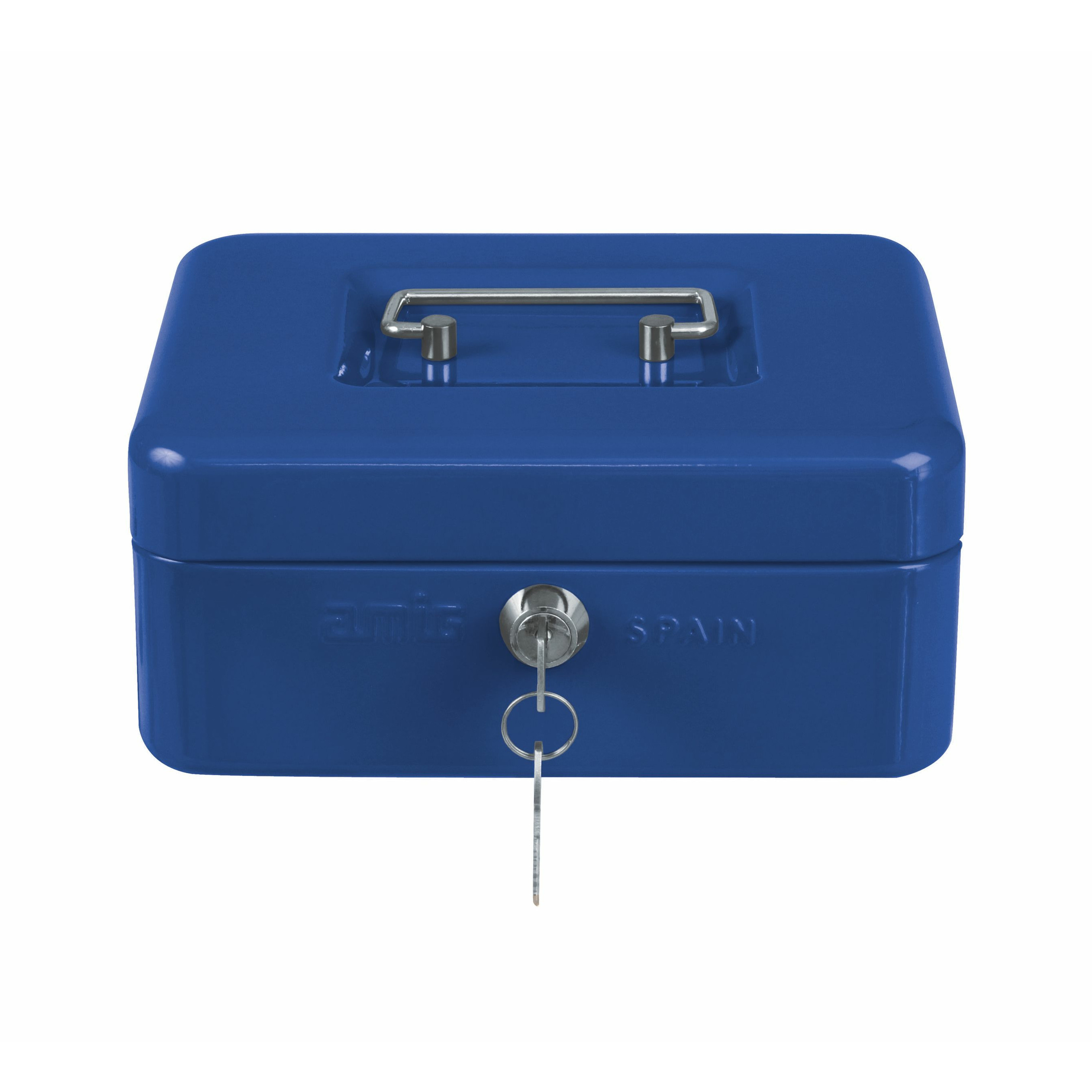 Geldkistje met 2 sleutels blauw staal muntbakje 25 x 18 x 9 cm inbraakbeveiliging