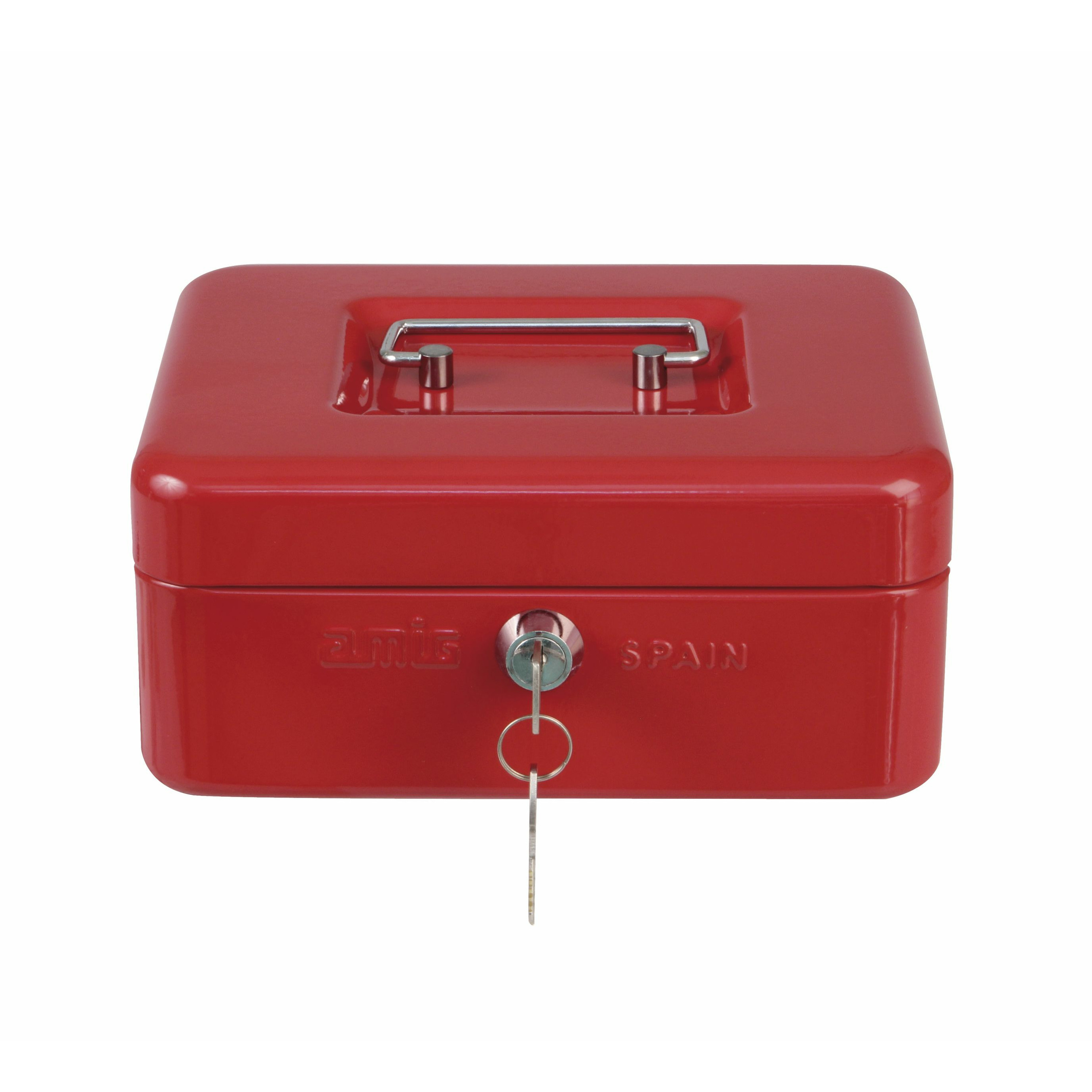 Geldkistje met 2 sleutels rood staal muntbakje 15 x 11 x 7 cm inbraakbeveiliging