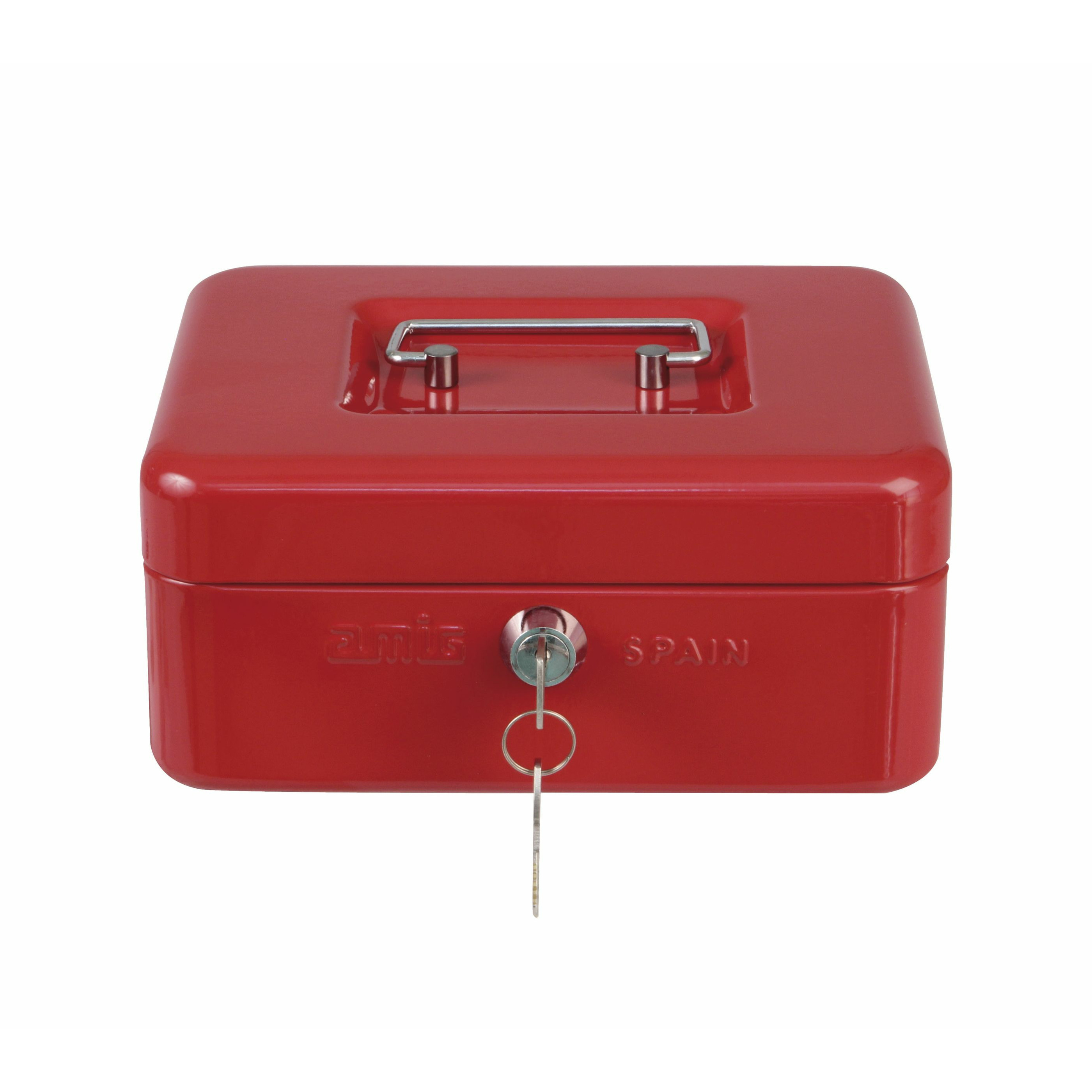 Geldkistje met 2 sleutels rood staal muntbakje 20 x 16 x 7 cm inbraakbeveiliging