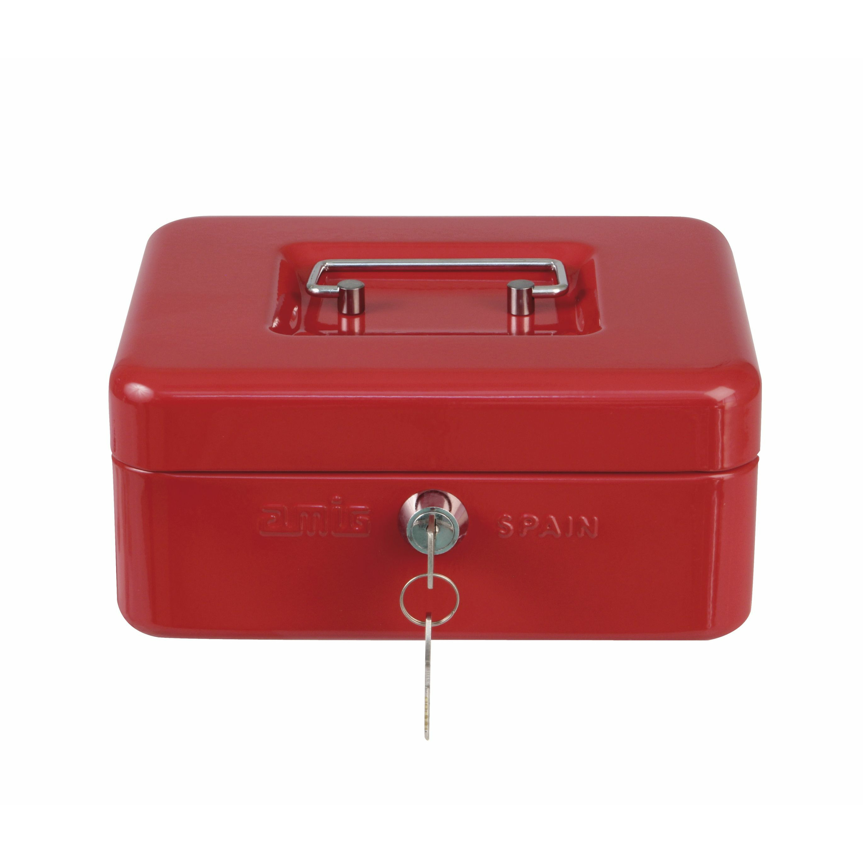Geldkistje met 2 sleutels rood staal muntbakje 20 x 16 x 9 cm inbraakbeveiliging