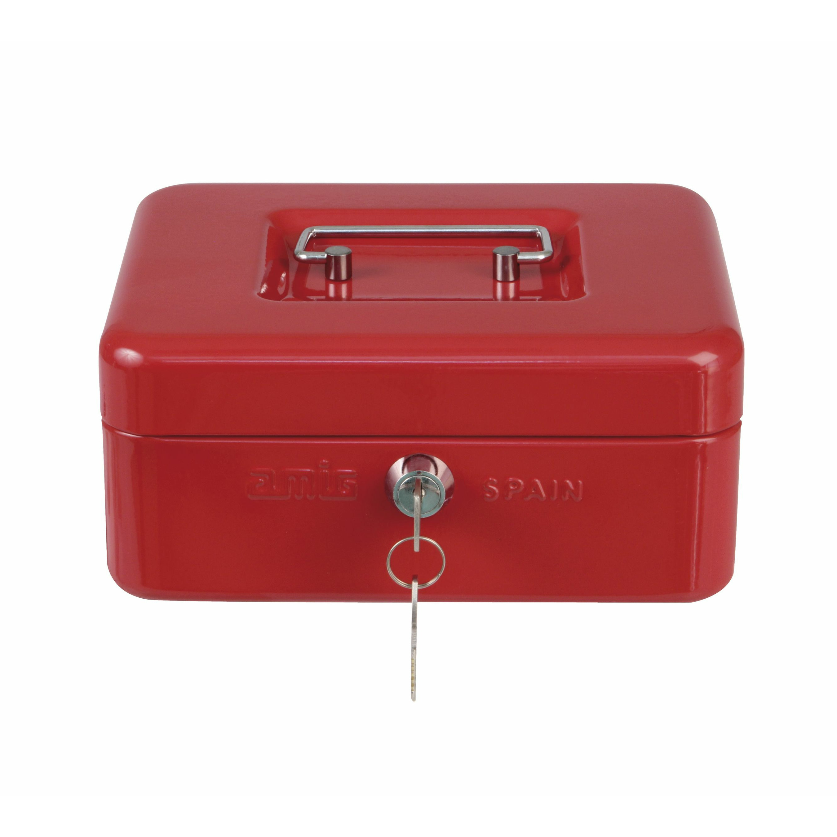 Geldkistje met 2 sleutels rood staal muntbakje 25 x 18 x 9 cm inbraakbeveiliging