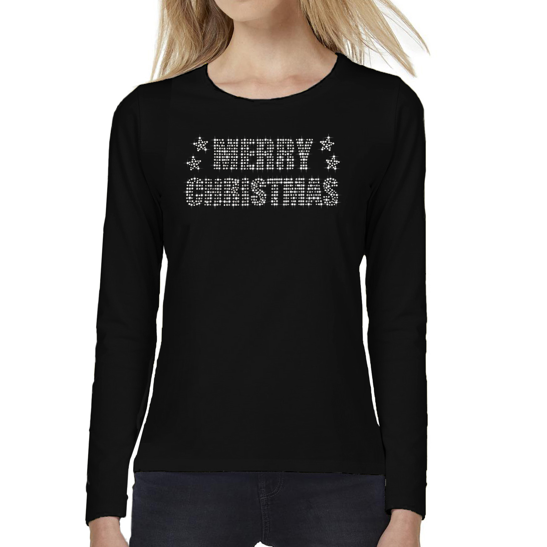 Glitter kerst longsleeve shirt zwart Merry Christmas glitter steentjes voor dames Lange mouwen