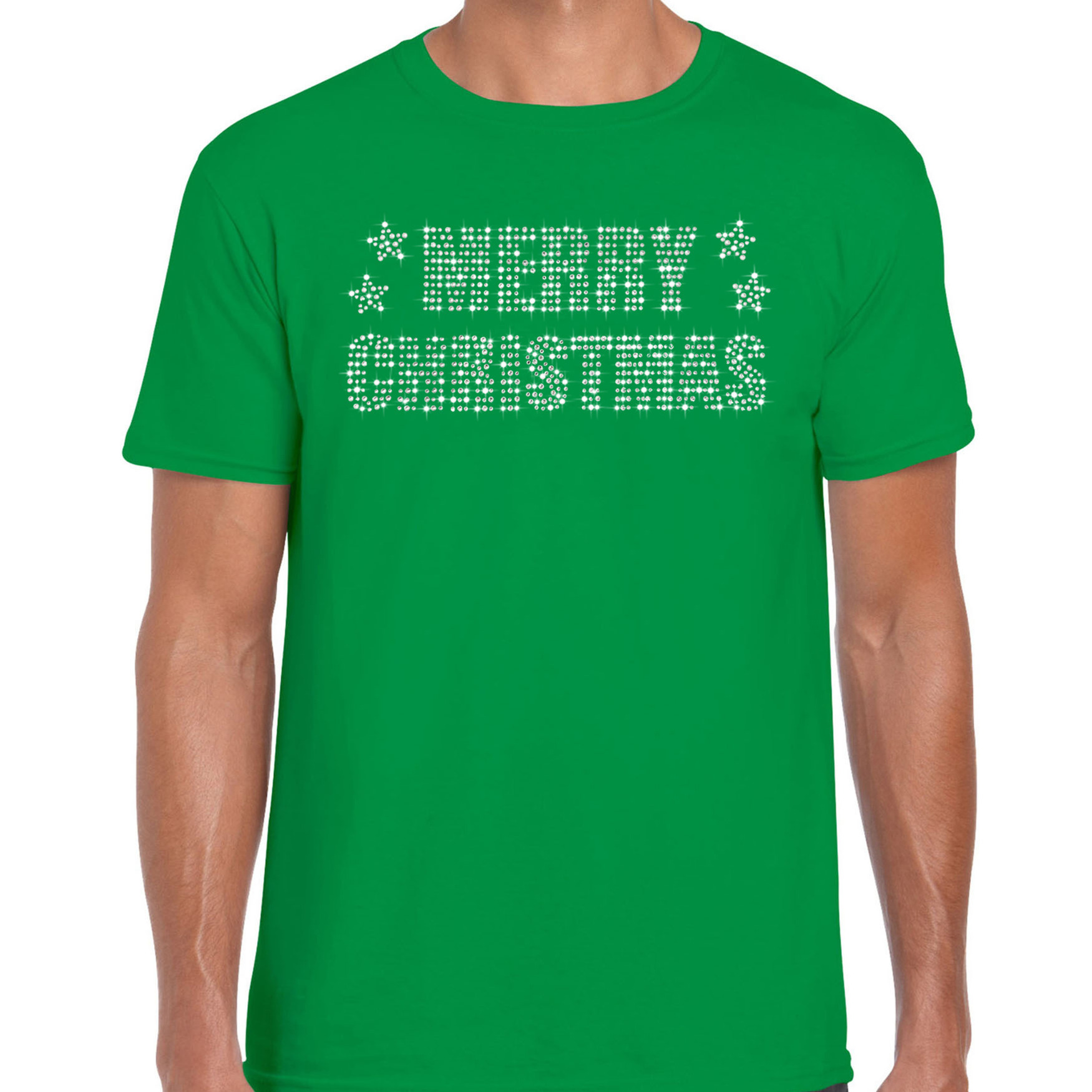 Glitter kerst t-shirt groen Merry Christmas glitter steentjes voor heren Glitter kerst shirt