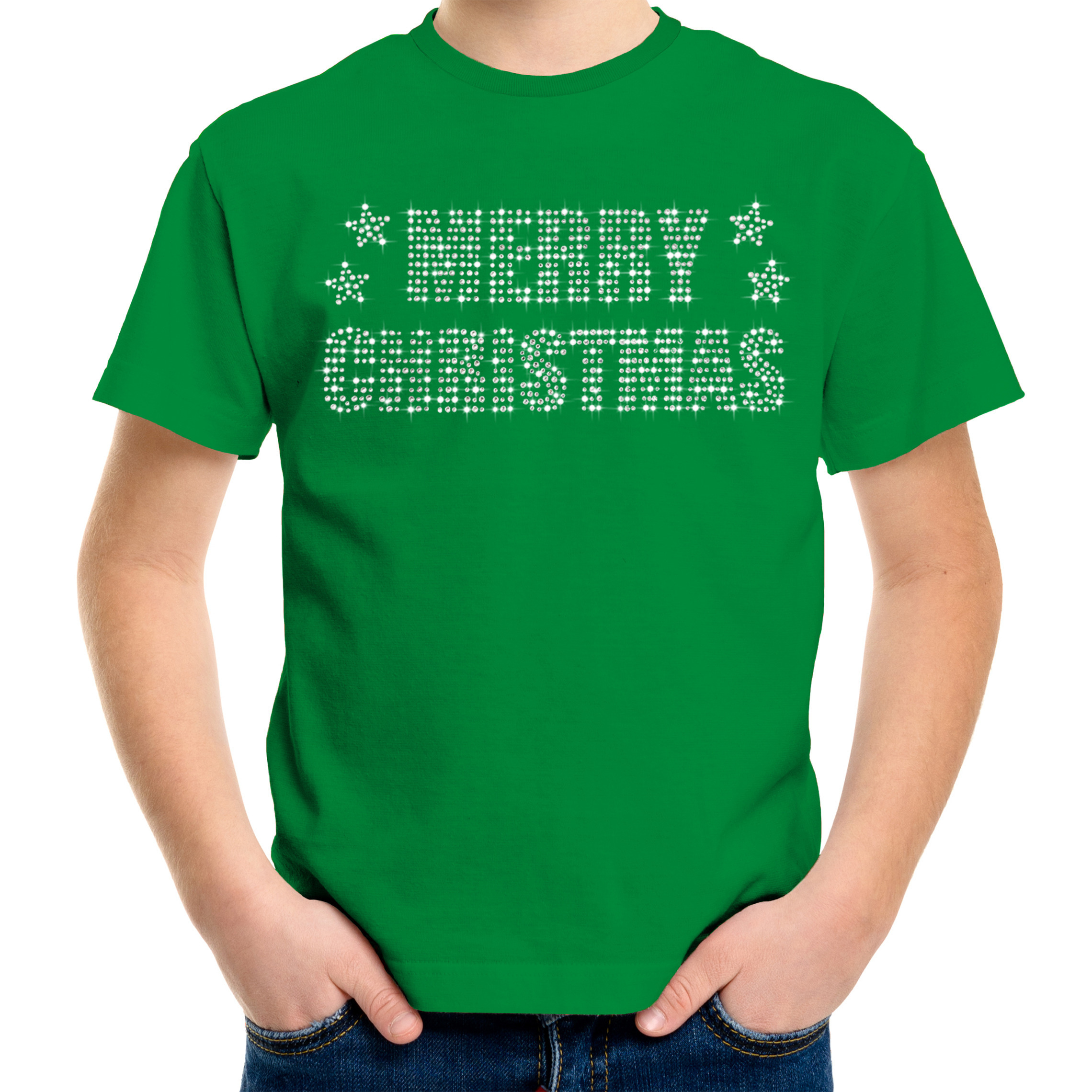Glitter kerst t-shirt groen Merry Christmas glitter steentjes voor kinderen Glitter kerst shirt