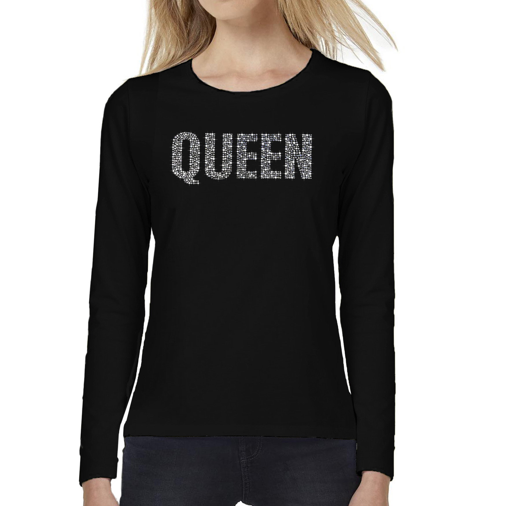 Glitter Queen longsleeve shirt zwart rhinestones steentjes voor dames Glitter shirt- outfit