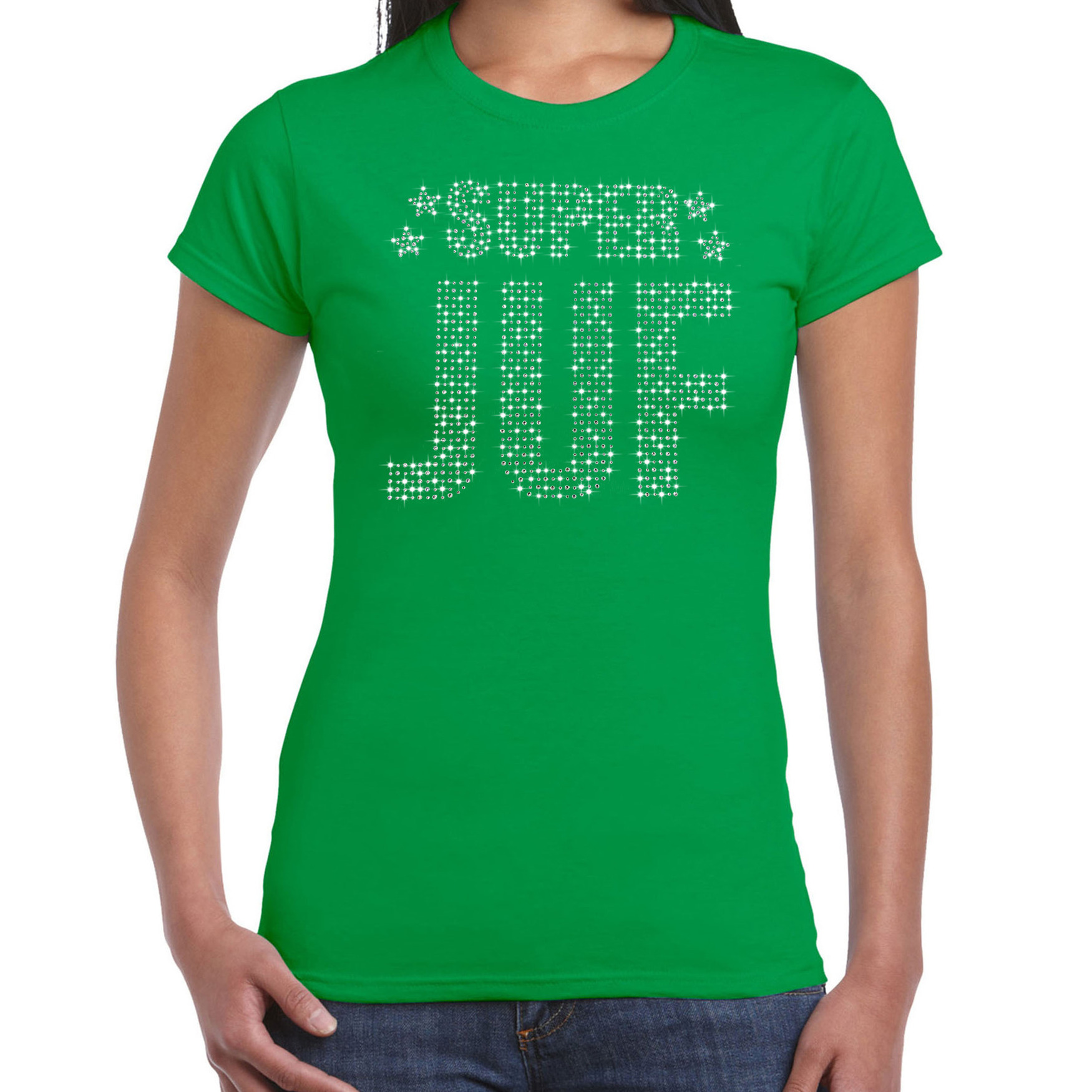 Glitter Super Juf t-shirt groen rhinestones steentjes voor dames Glitter cadeau shirt- outfit